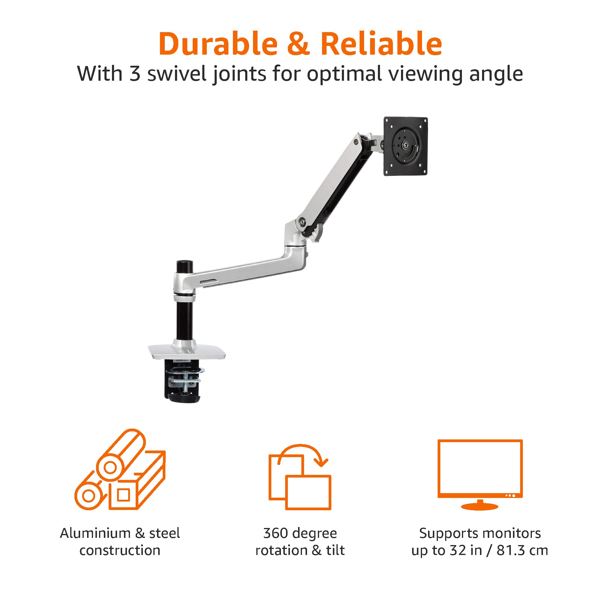 Amazon Basics Tabletop Monitor Hub Arm Mount Aluminize Silver