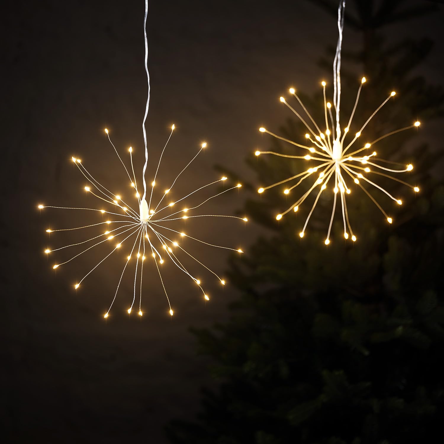 Lights4fun Warm Christmas Set Of 2 Starbursts Led Light Up Hanging Decorations Battery Operated With Timer For Indoor And Outdoor Use 50Cm