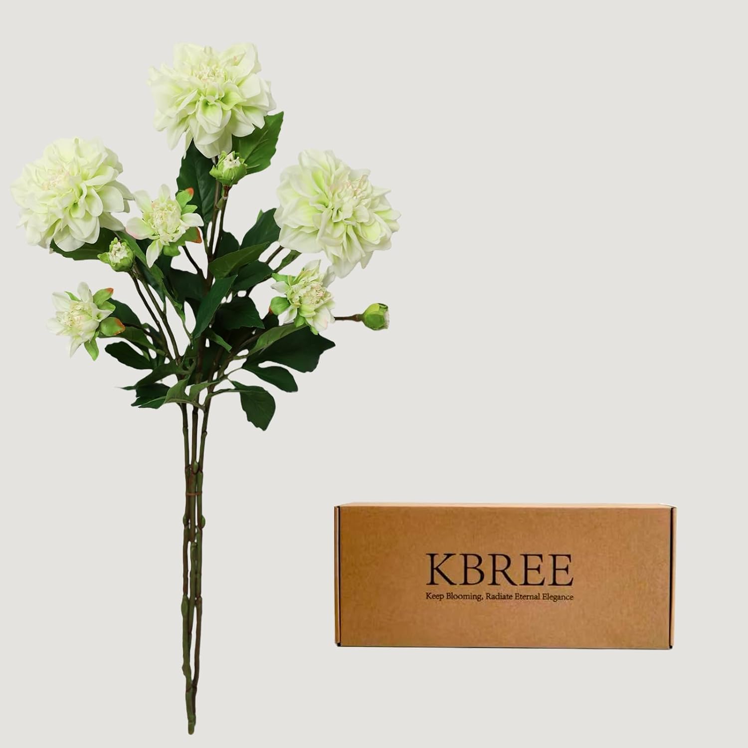 KBREE Real Touch Dahlia Artificial Flowers, 3 Pcs, 24.3” Long Stem Faux Dahlias in Natural Tones, Large Flowers Stems for Wedding Bouquet DIY, Table Centerpiece & Home Office Decor (Light Green)