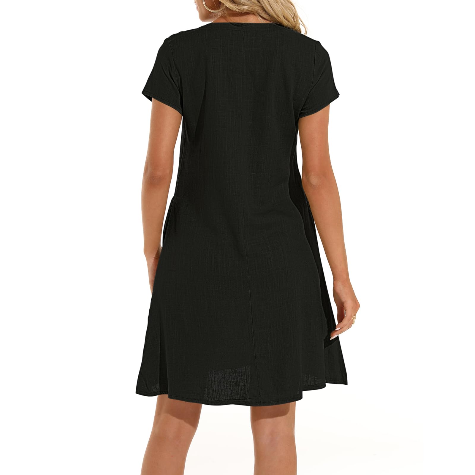 Letnia sukienka damska, lniana sukienka na co dzień, dekolt w serek, sukienka midi, krótki rękaw, linia A, sukienka plażowa, bez akcesoriów, A czarny, XXL