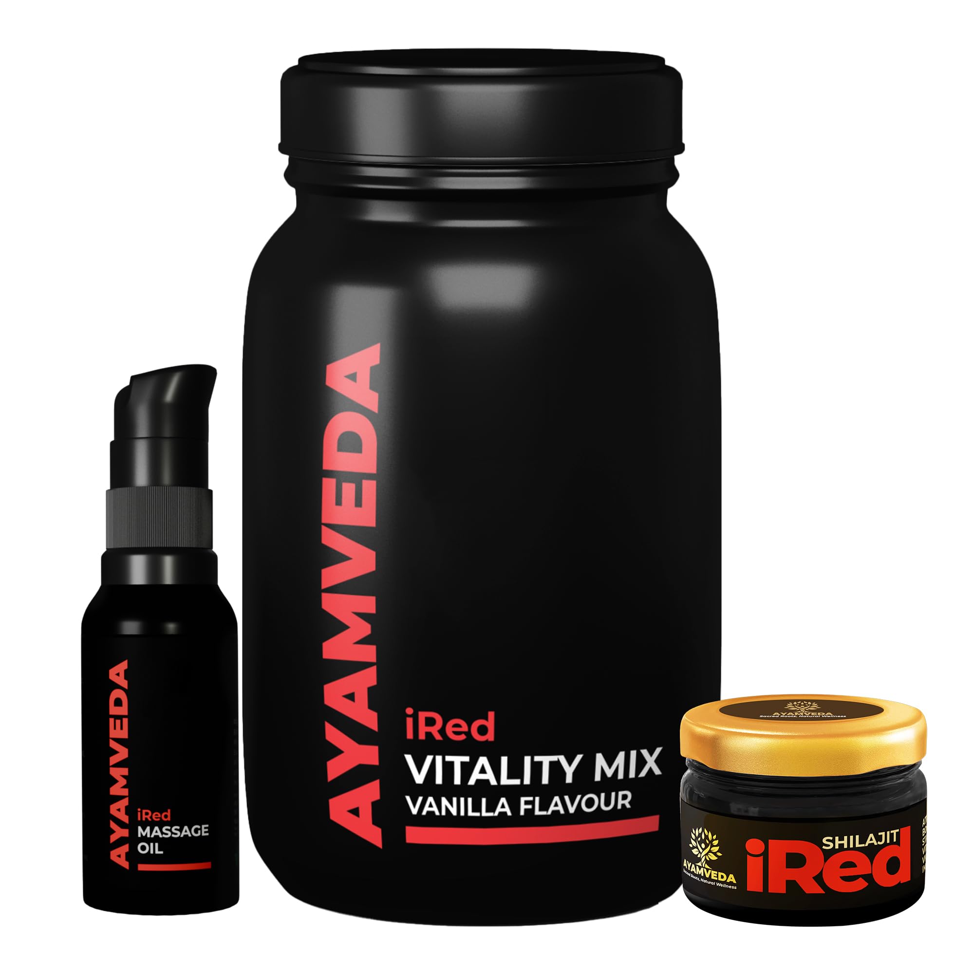 i-Red Combo | Massage Oil, Vitality Powder & Shilajit Resin | Supports Men's Wellness, Energy & Vitality (1-Month Supply)