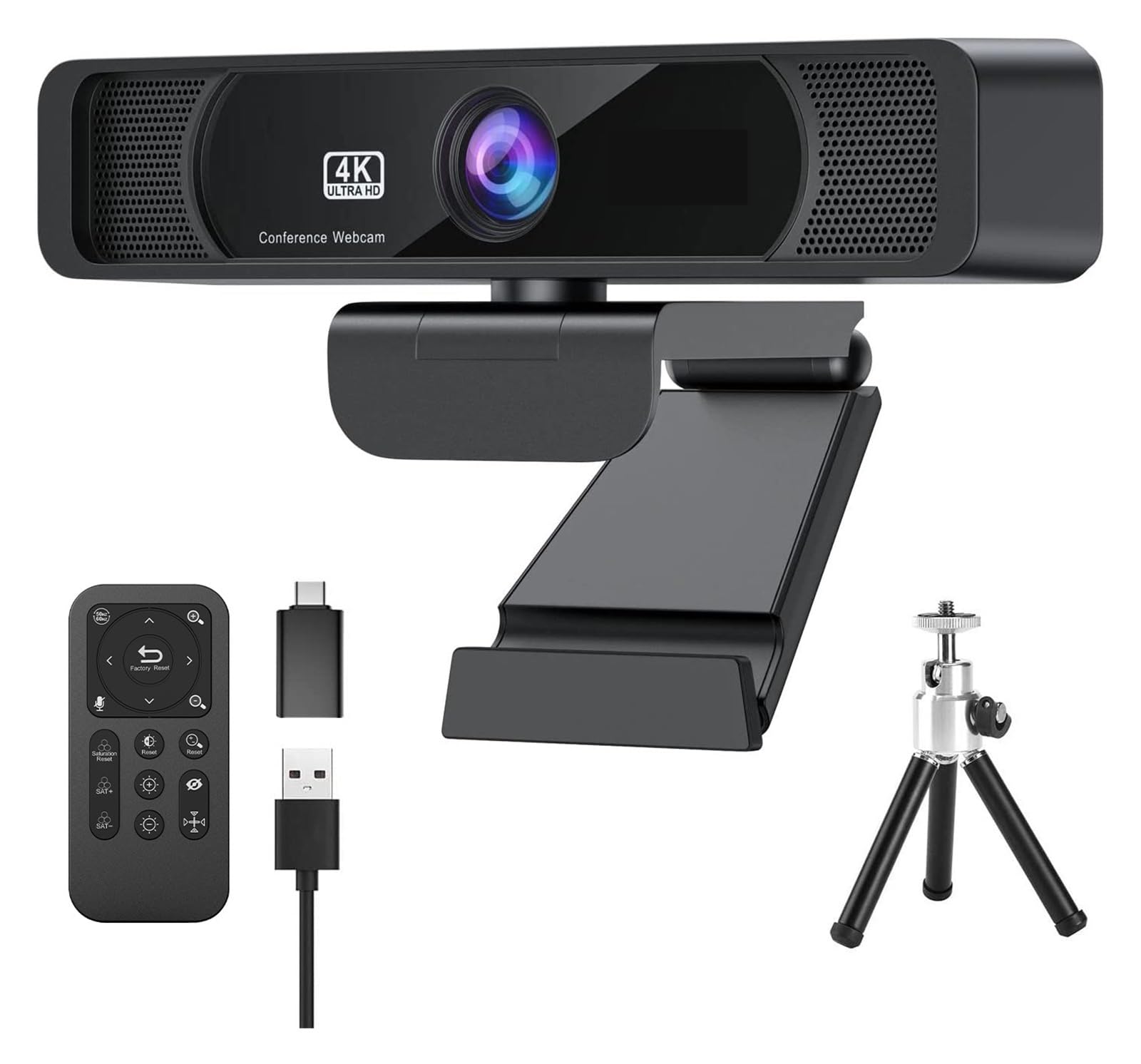 Cámara Web, Webcam HD 4K Webcam 120 ° Gran angular Webcam con micrófono y control remoto Streaming Web Camera for PC Conferencin