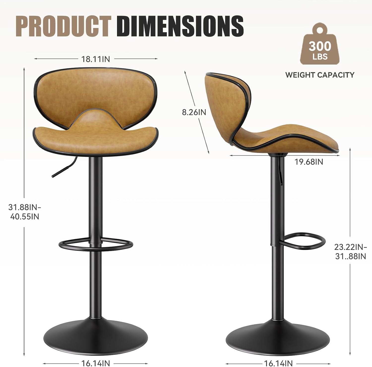 Nebuaegis Bar Stools Set of 4 for Kitchen Counter, Modern PU Leather Adjustable Swivel Barstools, Upholstered Bar Chairs with Back and Thickened Seat Cushion, Barstools for Bar, Dining Room, Yellow