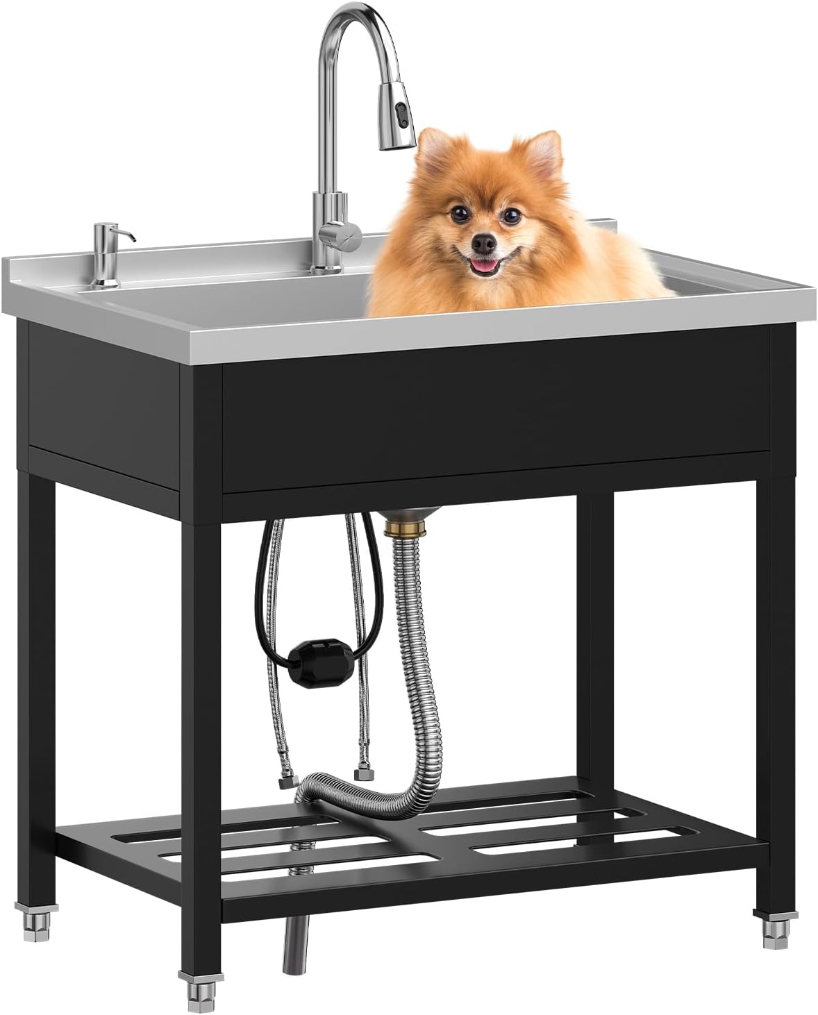 Stainless Steel Large Utility Sink Single Bowl, Freestanding Laundry Utility Sink with Soap Dispenser,Hot&Cold Pull-Out Faucet,Hose and Drain Kit for Laundry, Garage,NSF, Stainless steel, Black