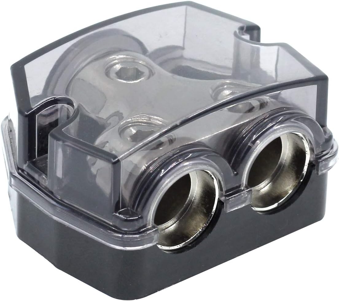2 Way Power Distribution Block, 0/2/4 AWG Gauge in, 0/4/8/10 Gauge Out, Car Audio Stereo Amp Distribution Connecting Block for Audio Splitter (1x0GA+2x0GA)