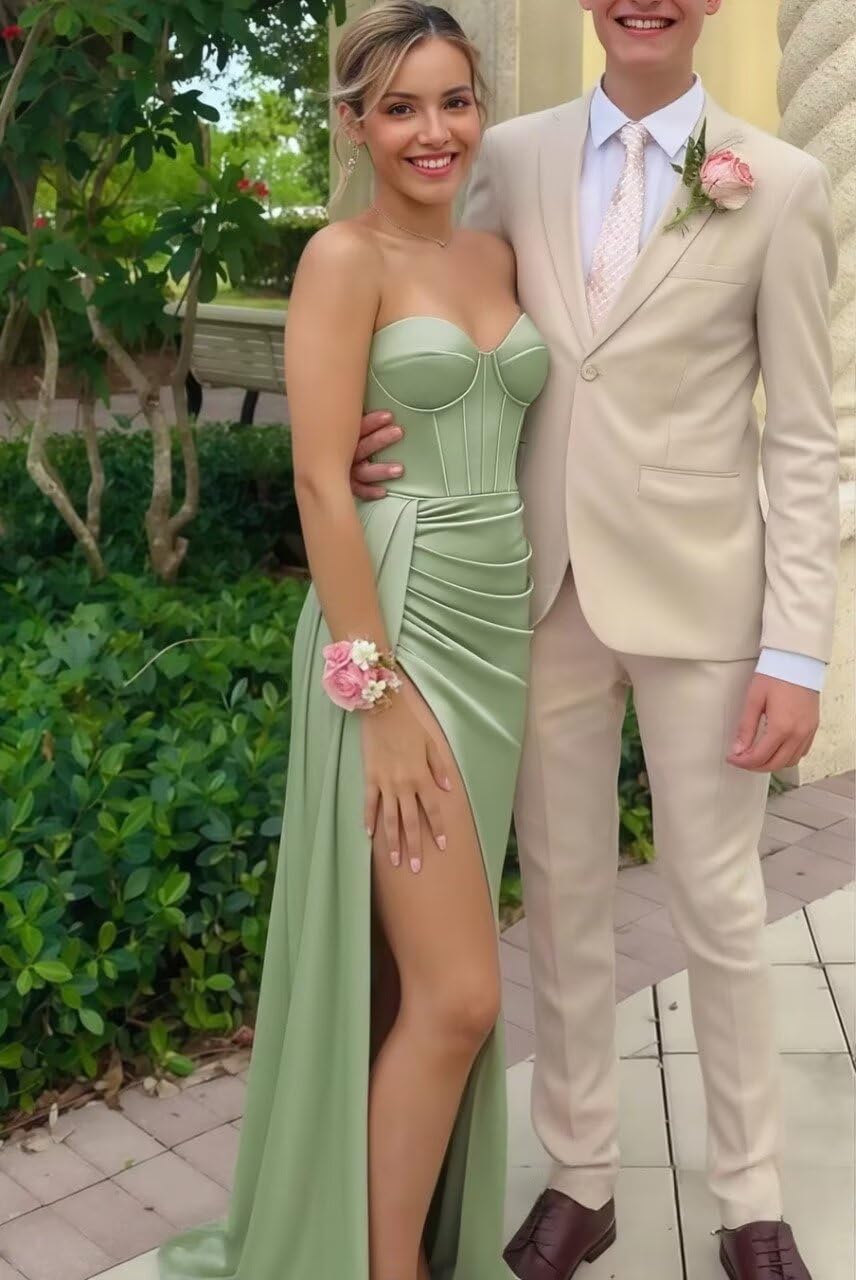 Strapless Satin Prom Dress with Slit Pleated Long Mermaid Formal Bridesmaid Dresses for Women