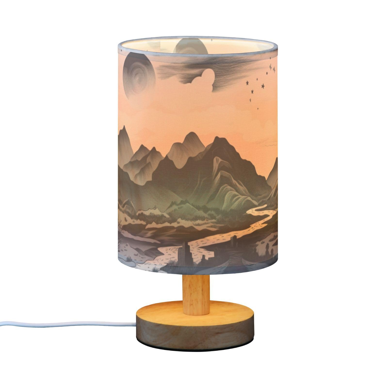 SDMKA Desert Landscape Bedside Table Lamp for Bedroom, Minimalist Nightstand Lamp with Round Fabric Shade for Living Room, Office, No Bulb Required