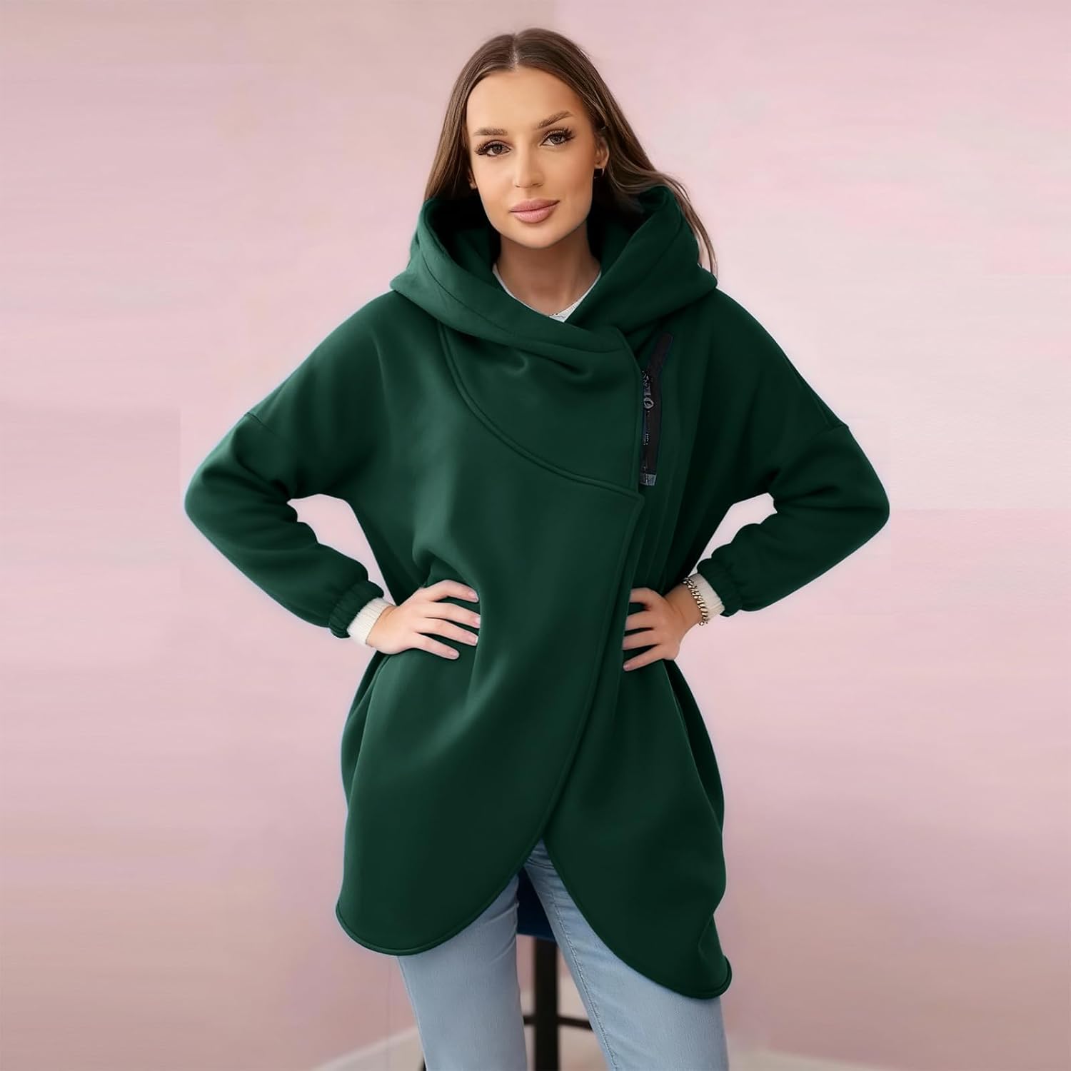 Hawyet Women's Oversized Asymmetric Zip up Hoodie, Long Sleeve Fleece Jacket with Large Hood for Casual, Cold Weather Wear