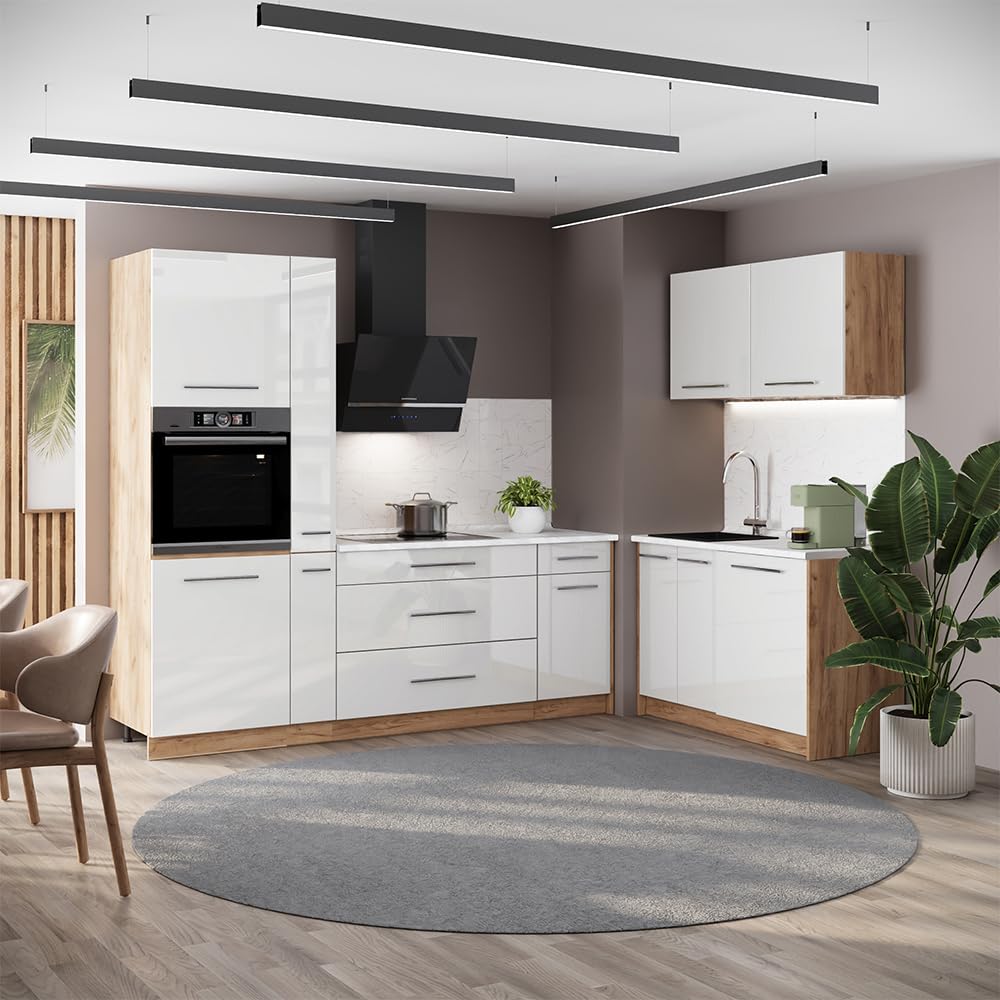 Vicco Kuchnia "Fame-Line", Biały wysoki połysk/Dąb goldkraft, 220 x 120 cm