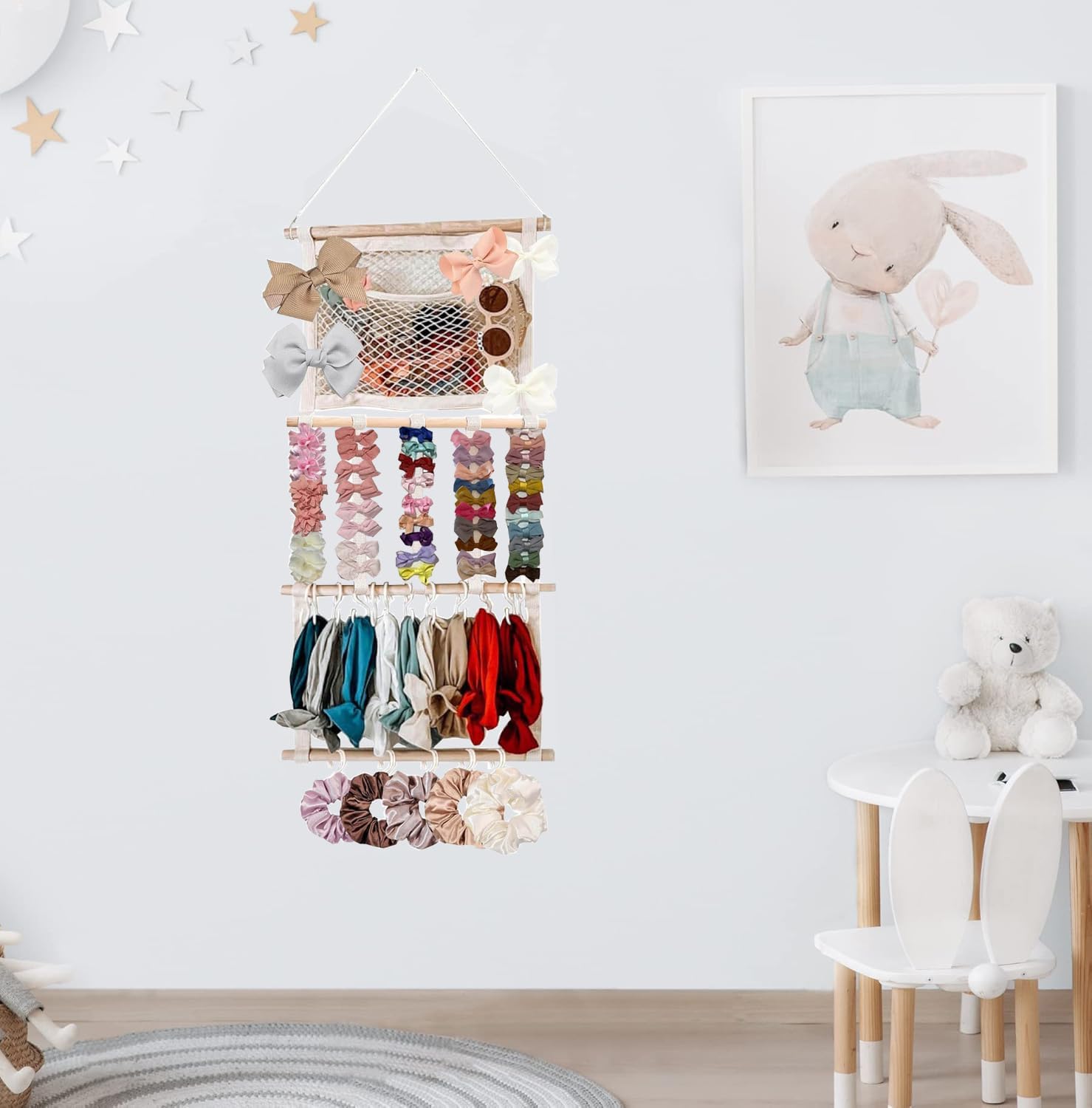 Headband Holder Hair Bows Organizer for Baby Girls Large Capacity Bow Holder Hair Accessories Wall Hanging Organizer for Toddler Baby Girl Nursery Room Decor (Beige2)