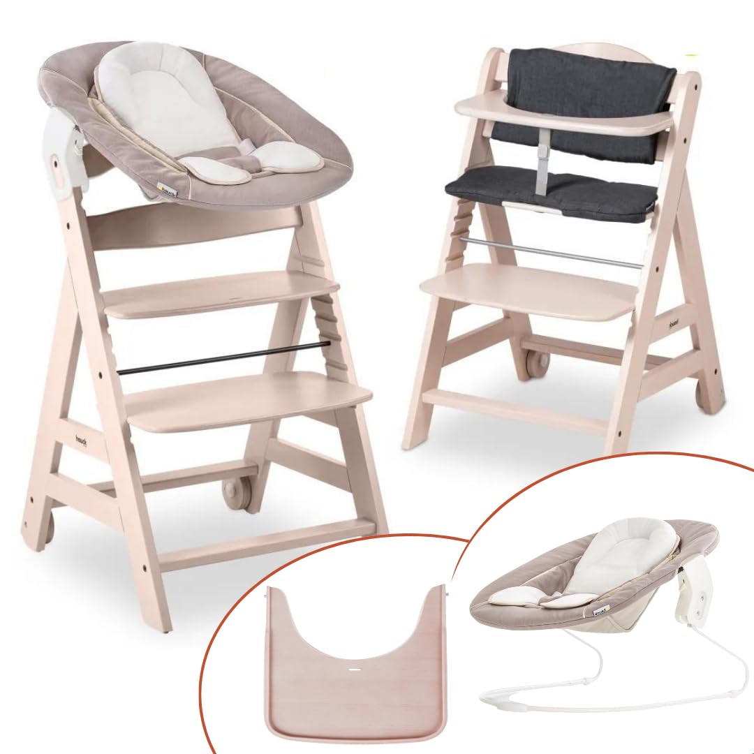 hauck Seggiolone Beta Plus Newborn Set - Seggiolone Legno Evolutivo, con Sdraietta Neonati (Dondolo Neonati), Cuscino Seduta, Vassoio - (Classic, Whitewashed, beige)