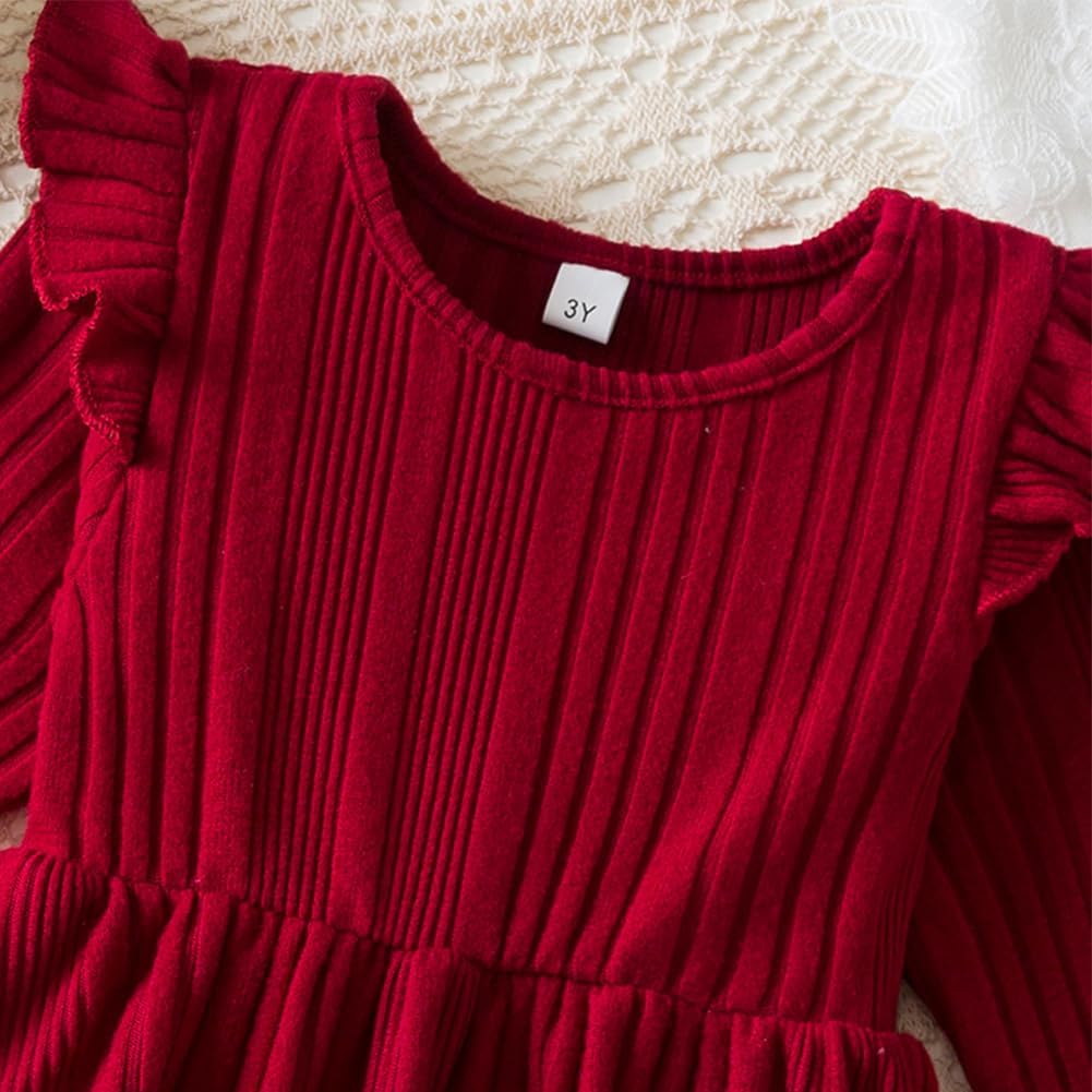 IDOPIP Toddler Girls Sweater Dress Long Sleeve Ribbed Knit Ruffle Dress Kids Birthday Pageant Winter Fall Christmas Dress