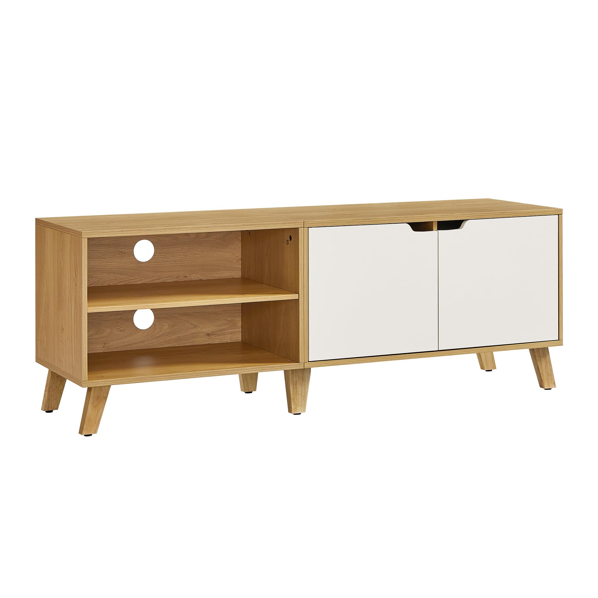 VASAGLE Meuble TV 2 Portes, Support Télé avec Étagères Réglables, Longueur 140 cm, pour Télévisions 60 Pouces, Salon, Salle à Manger, Chambre, Chêne Naturel et Blanc Crème LTV027N01