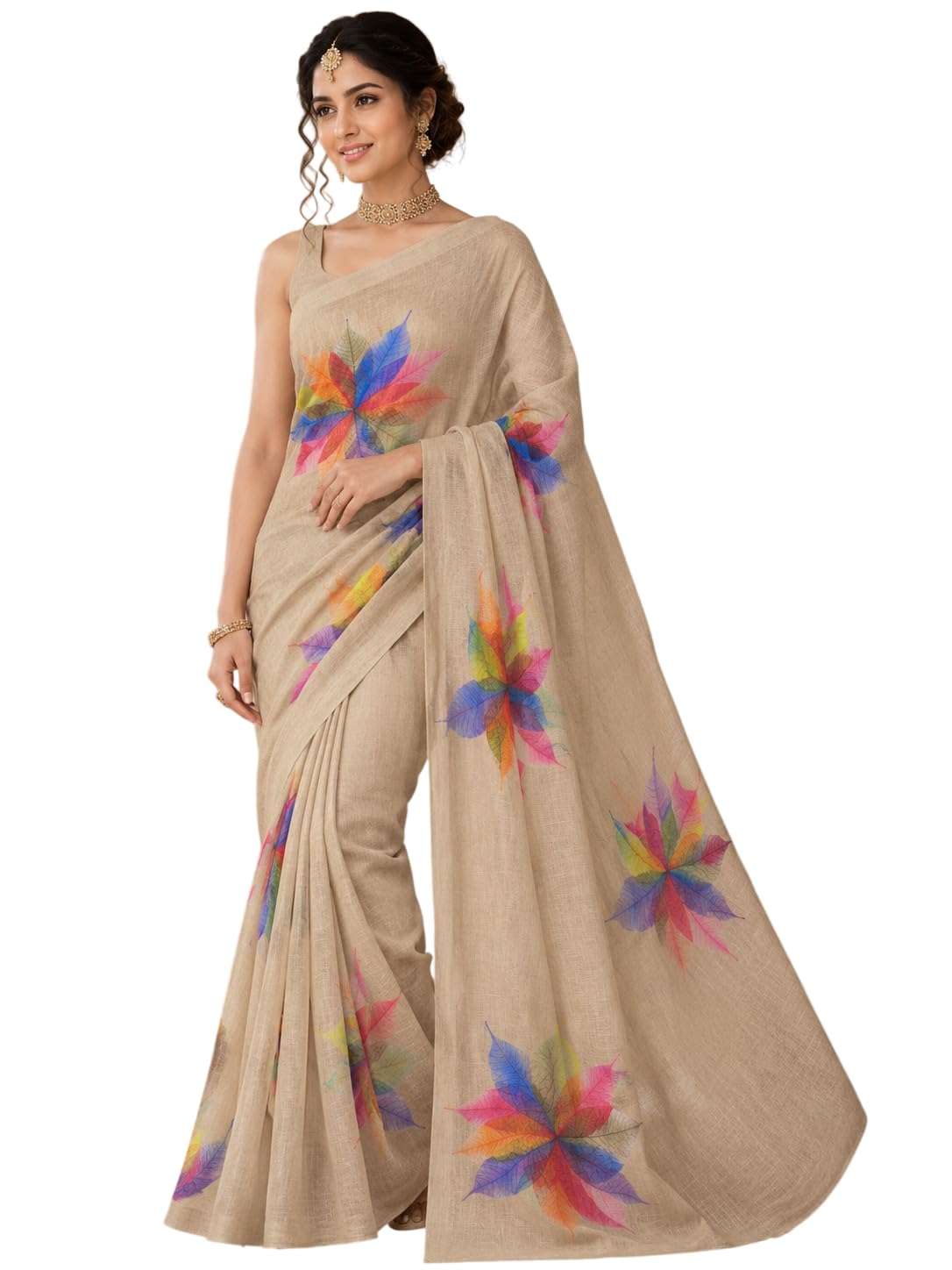 Sundha Women's Beige Linen Blend Saree with Multicolor Leaf Print |Soft Lightweight Printed Saree with Unstitched Blouse Piece|-picture-27