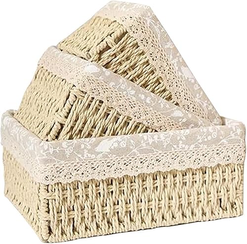 収納バスケット かご 手作り 収納ボックス 編み込み フルーツバスケット 収納ケース 3個セット 野菜バスケット パンかご 化粧品/お菓子/衣類/おもちゃ/雑物 卓上収納 省スペース 部屋 キッチン 洗面所 (3)