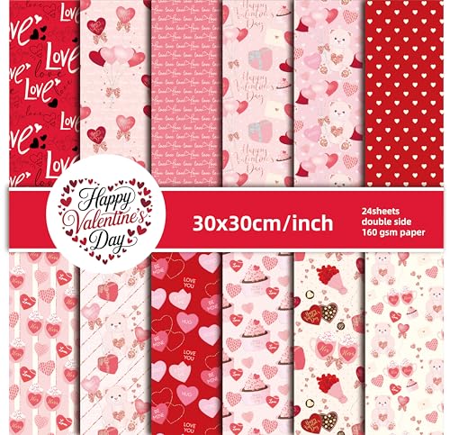 Valentines Day Scrapbook Paper Pad Pink Red Love Heart Patterned Paper 121224 Sheets Scrapbook CardStock Papers Pad for Holiday Cardmaking DIY Origami Decorative Craft Papers.