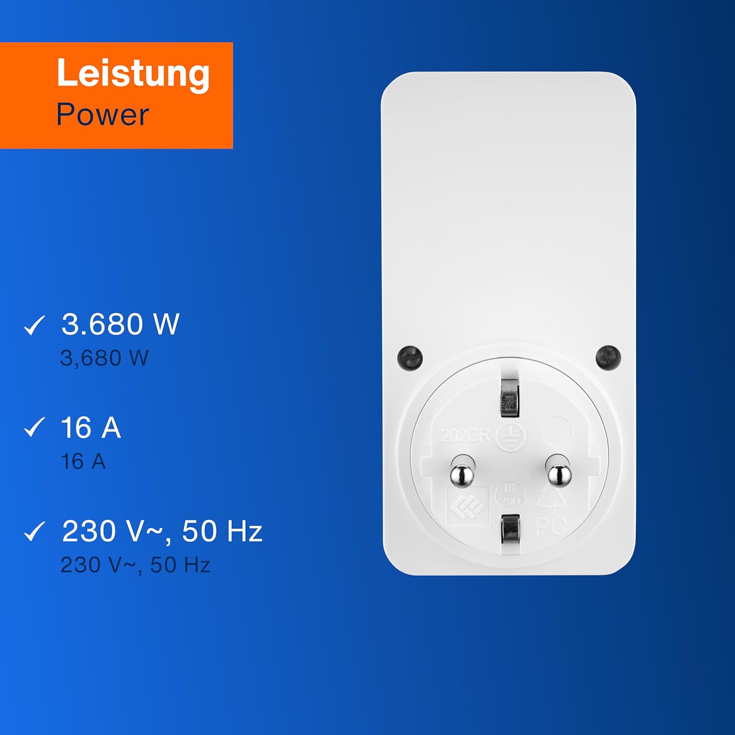 Image detailing power specifications: 3680 W, 16 A, 230 V~, 50 Hz.