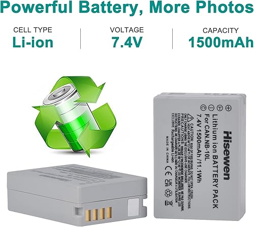 Miniatura 2 de Hisewen Paquete de 2 baterías NB-10L y cargador de batería dual para cámara digital Canon PowerShot G1 X, G3 X, G15, G16, SX40 HS, SX50 HS, SX60 HS