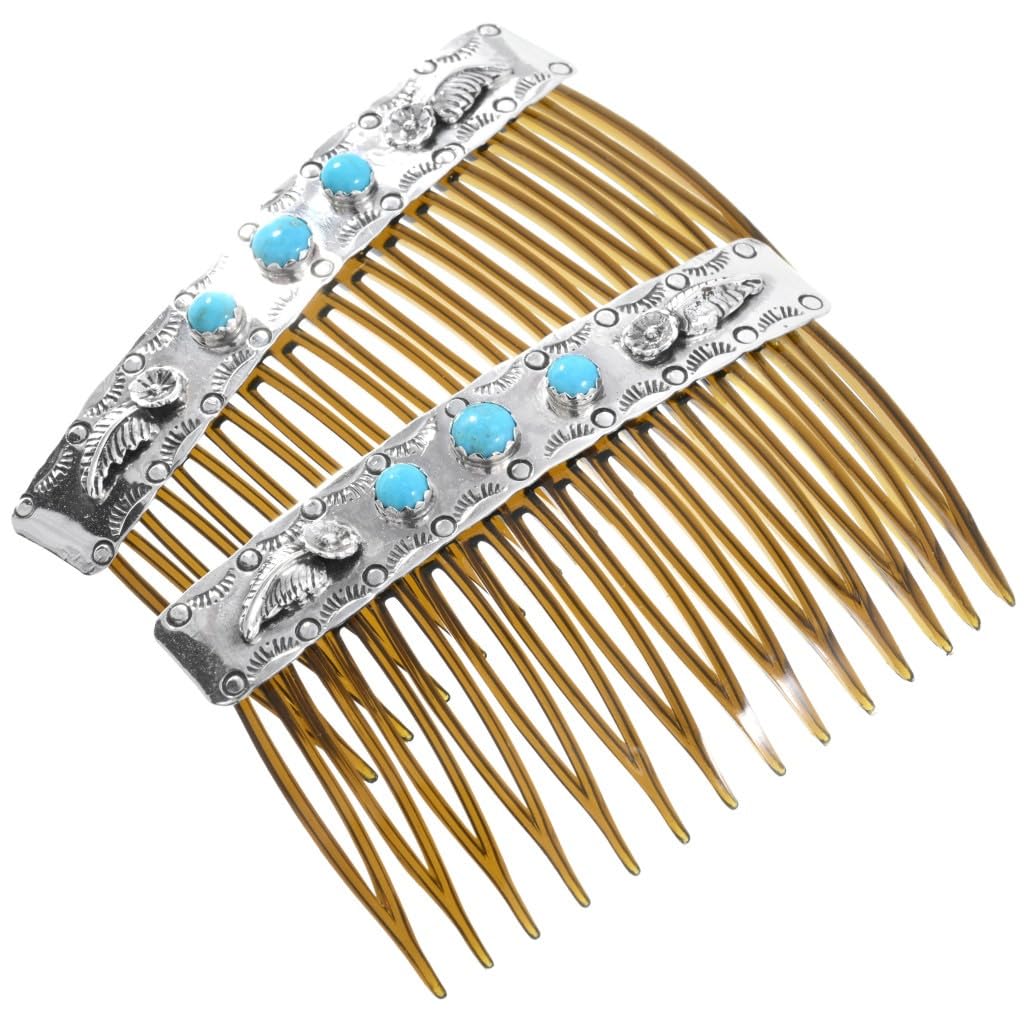 Alltribes Navajo Turquoise Hammered Silver Hair Combs Beautiful Sterling Set of Two 1514