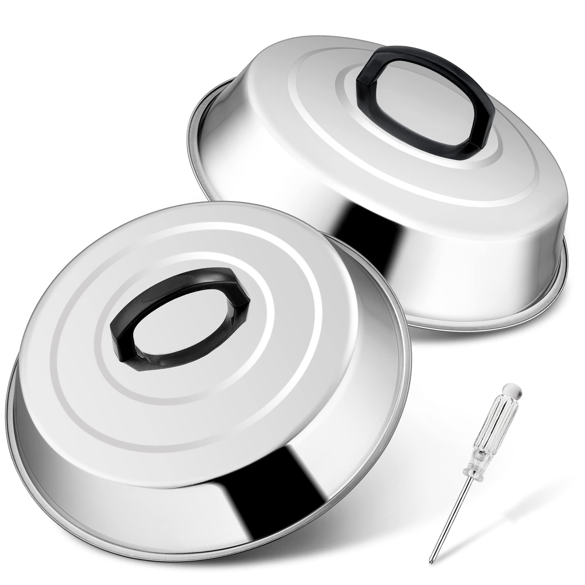 Joyfair 12 Inch Melting Dome, Stainless Steel Cheese Melting Dome Set of 2, Basting Burger Cover for Griddle Grilling/Outdoor Camping/Flat Top Teppanyaki, Heat-Proof Handle & Dishwasher Safe