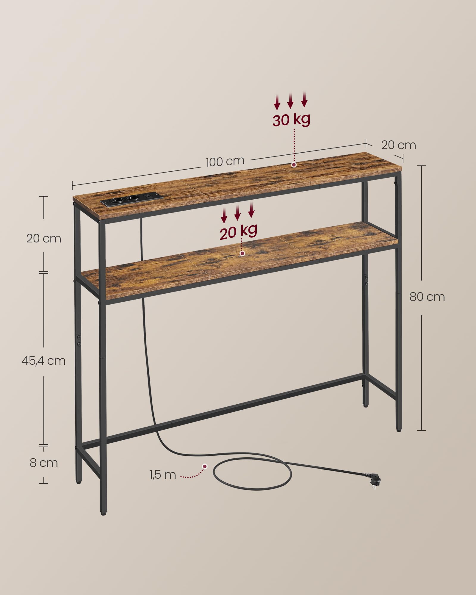 VASAGLE Mesa de Consola de 2 Niveles con Enchufe, Mesa Auxiliar con 2 Estantes, 20 x 100 x 80 cm, para Sala de Estar, Pasillo, Recibidor, Marrón Rústico y Negro Tinta LNT136KD01