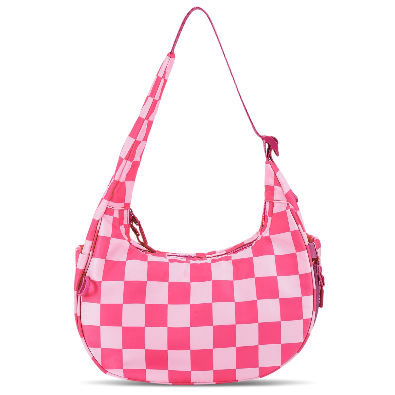 Checkered Shoulder Bags for Women Nylon Hobo Handbag Checkered Purse Crescent Bag for Travel Sports