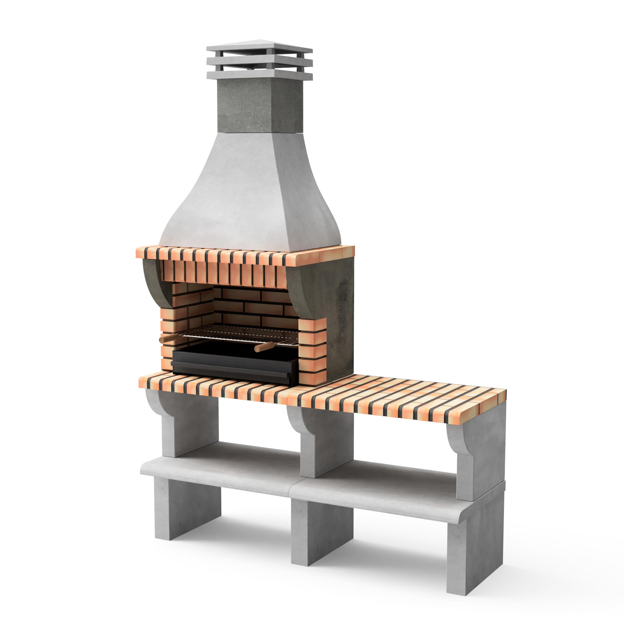 MOVELAR - Barbecue préfabriqué à bois et charbon en béton réfractaire modèle Maipu XL avec support latéral (Gris, Orange - 165 x 58 x 245 cm) REF: 3535/3 - Cuisine extérieure avec double grille