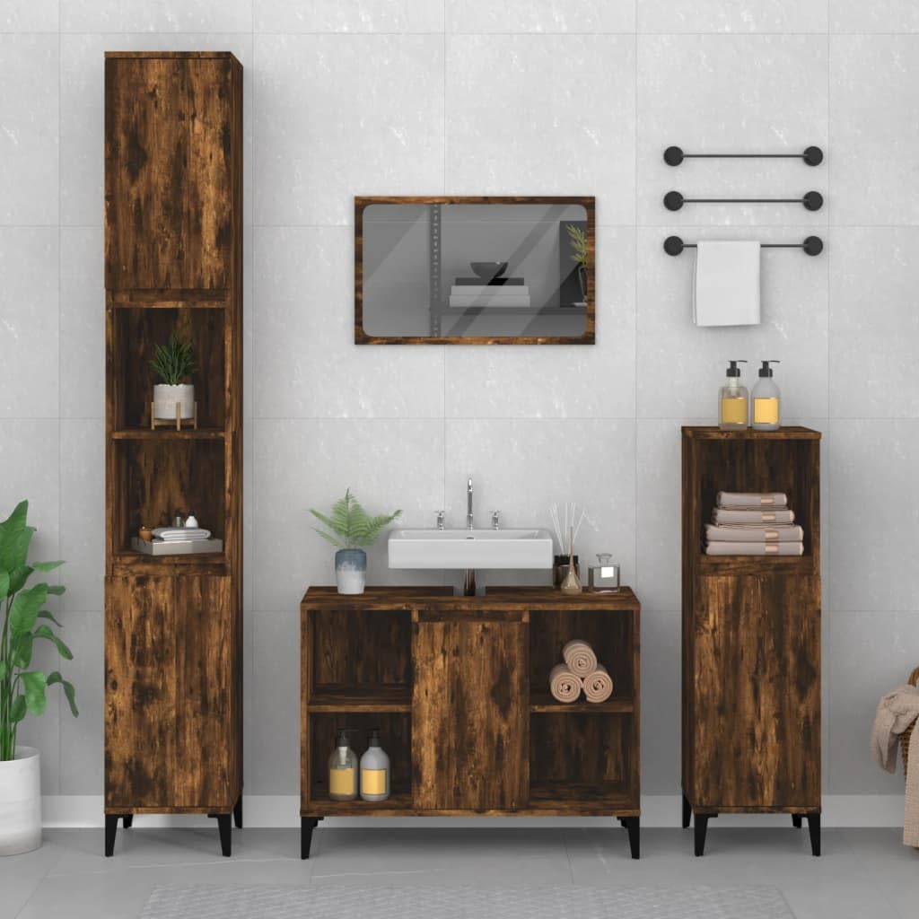 Set di mobili da bagno in rovere affumicato, 3 pezzi, con mobiletto sottolavabo, armadietto alto e cassettiera per riporre oggetti, lavandino e WC degli ospiti