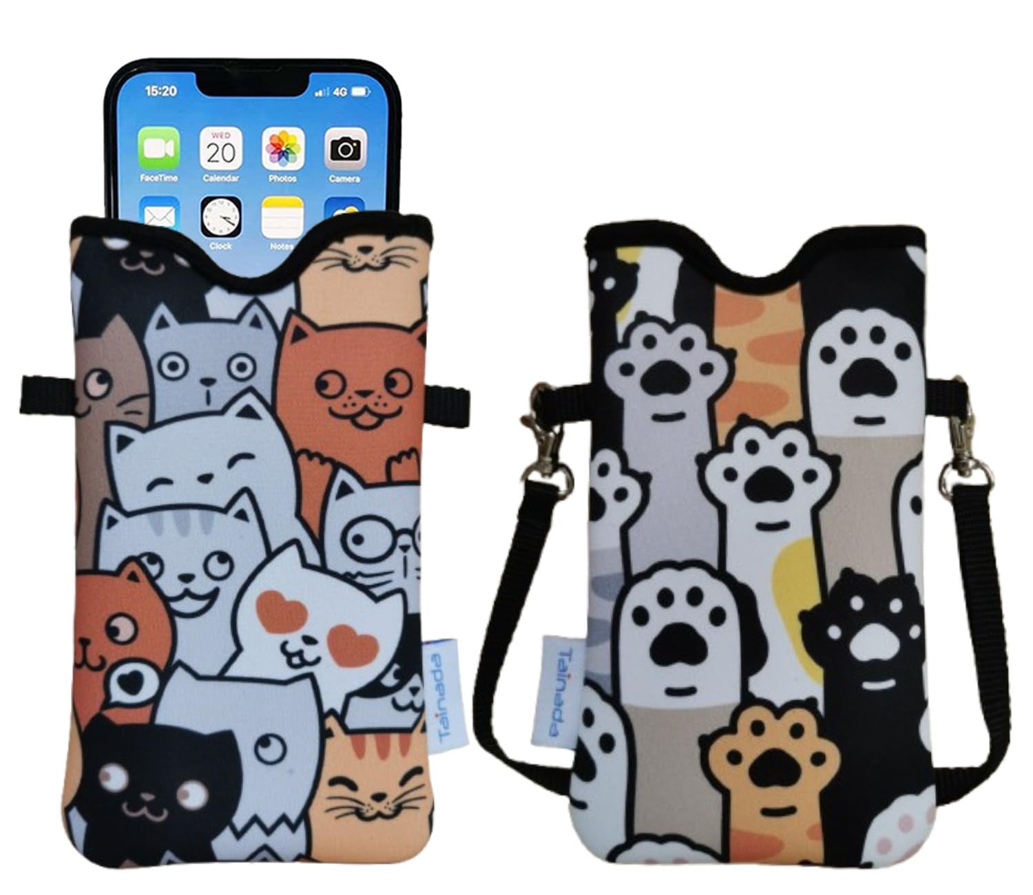 Tainada Neoprene Phone Pouch w/Crossbody, Neck Lanyard (Cat Paw Pattern) | For Men/Women; lightweight neoprene pouch; Compatible with iPhone 17/16 Pro