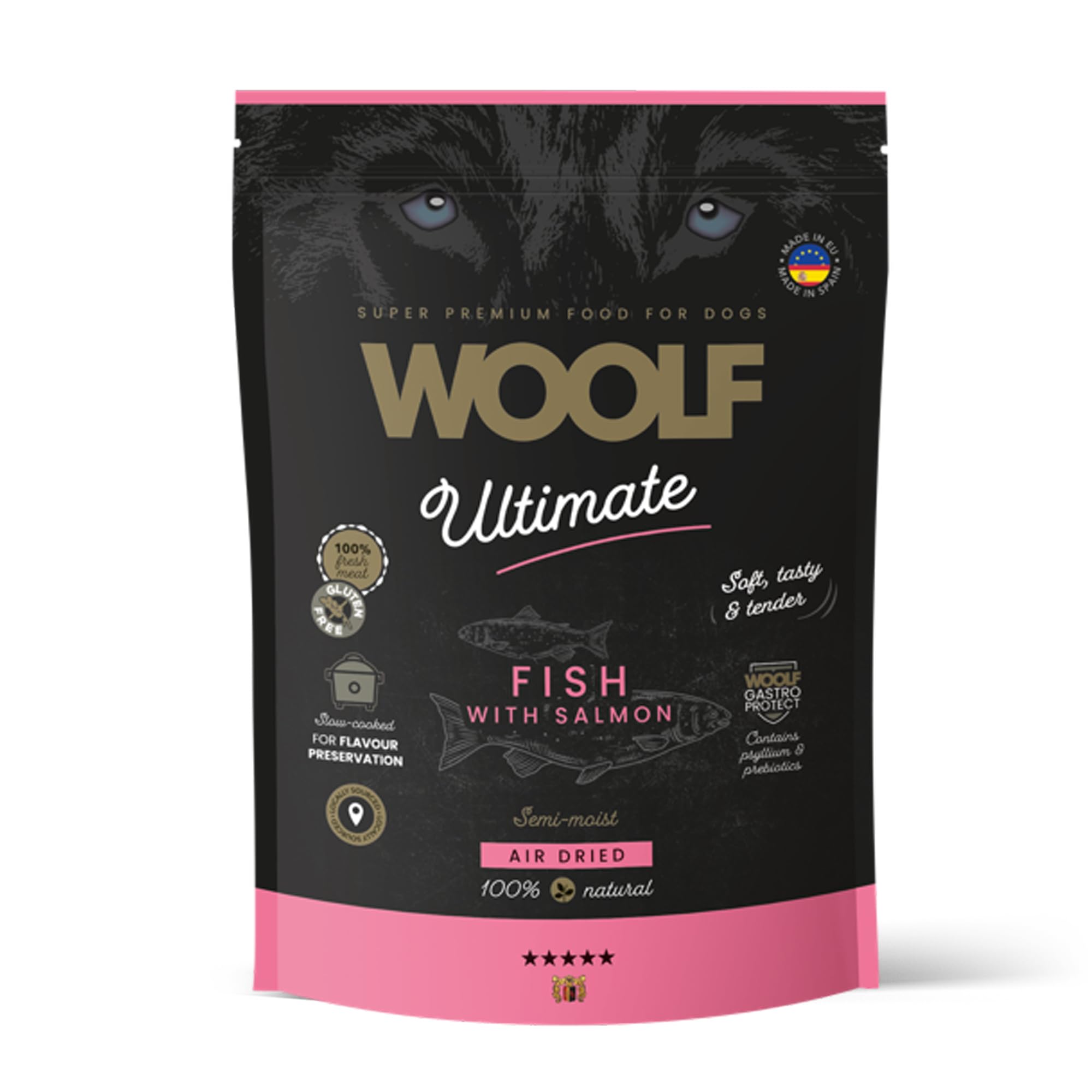 WOOLF Semi-Moist Air-Dried Complete Dog Food 1kg - Natural Ingredients & High Meat Content, Slow-cooked to Preserve Flavour & Nutrition, Ideal for Sensitive Stomachs or as a Topper (Fish with Salmon)