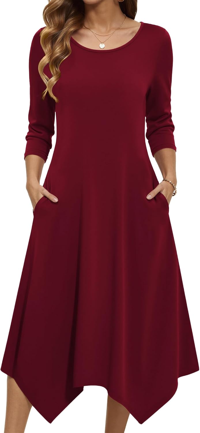 Zeagoo Midi Dresses Women 2026 Spring Dress 3/4 Sleeve Casual Dresses with Pockets A Line Summer Beach Sundress