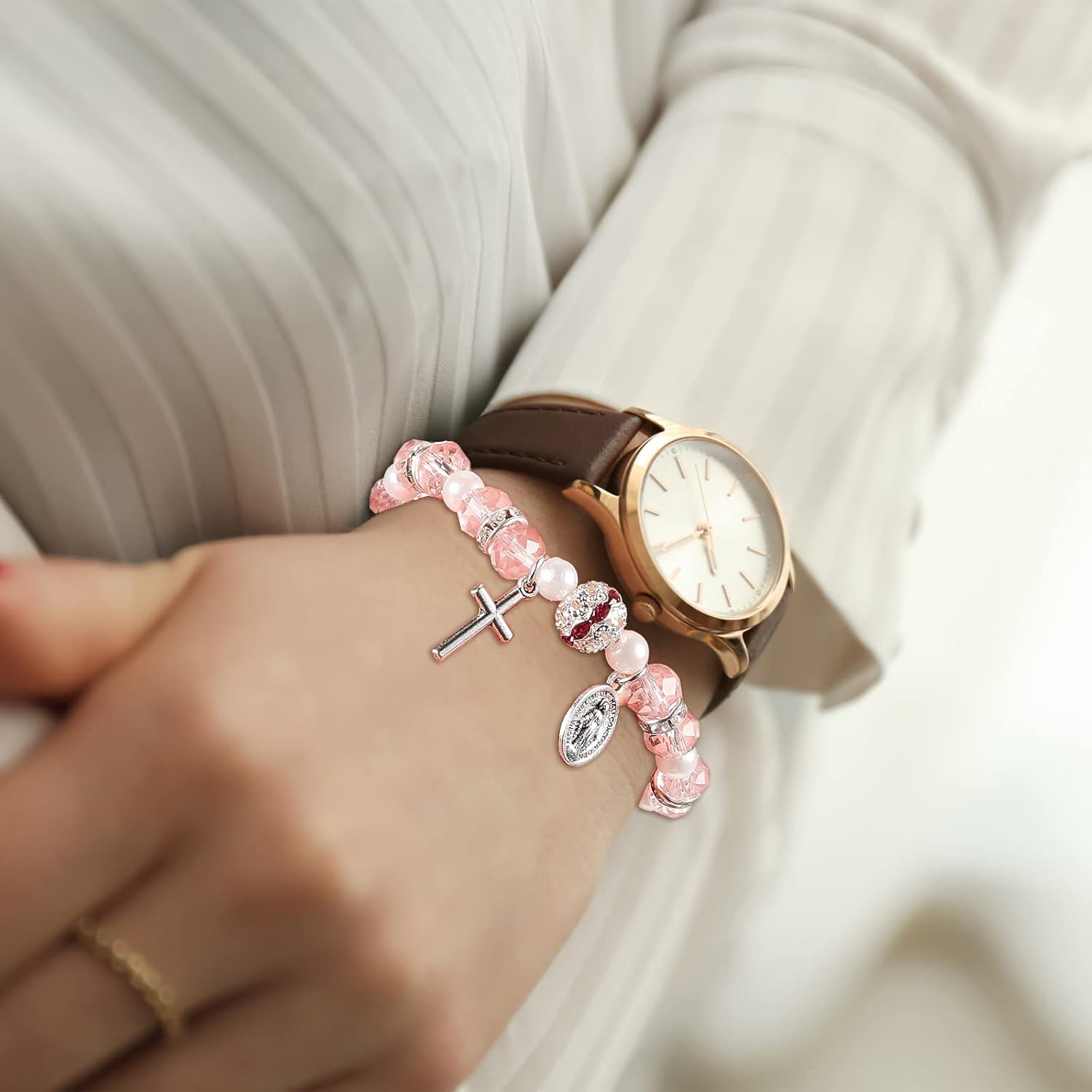 Junkin 30 Pcs Beaded Stretch Rosary Bracelet with Mesh Bags Catholic Bracelets for Women Girls Religious Rosary Bead Pink Bracelet Crucifix Medal Catholic