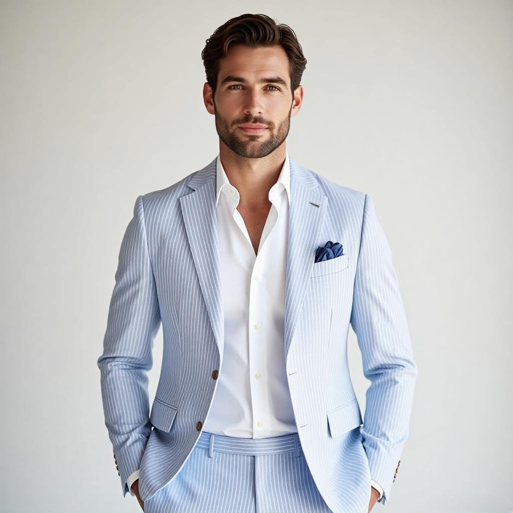 Mens 2-Piece Suits Summer Seersucker Tuxedos Big and Tall Suits Wedding Stylish Comfortable