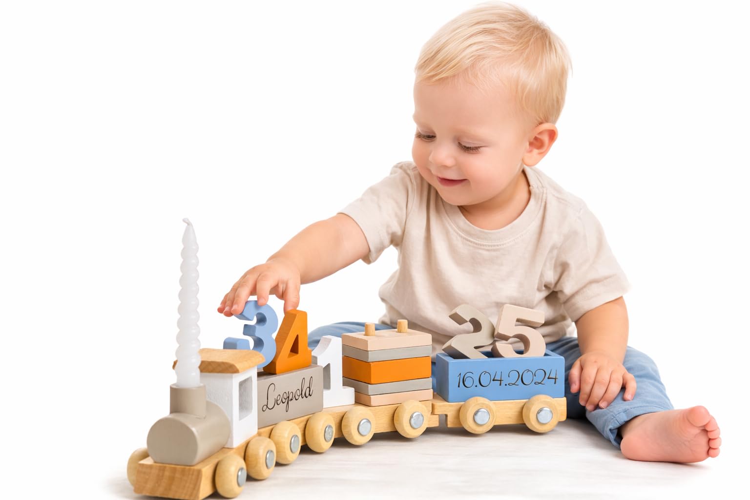 Personalisierter Geburtstagszug aus Holz mit Zahlen 1–5 – Kinder Geburtstagszug mit Kerzenhalter – Tischdeko & Spielzeug für Kindergeburtstag – Geschenk zum 1.–5. Geburtstag