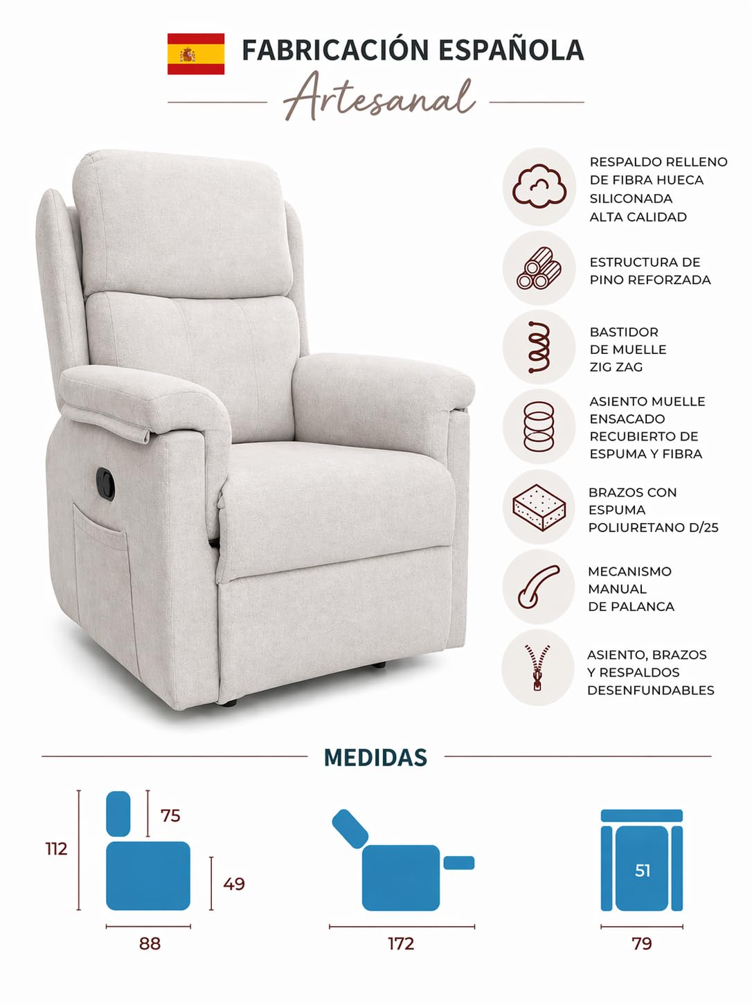 Sillón Relax Reclinable Ergonómico – Sillón Cómodo y Elegante, Fácil Limpieza, Tapizado Premium, Ideal para Salón, Descanso y Lectura (beig)
