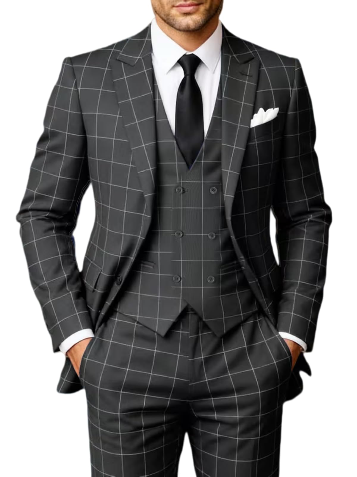 Solovedress Trajes para hombre 3 piezas Traje clásico de cuadros para hombre Sakko Pantalones Chaleco para bodas y negocios