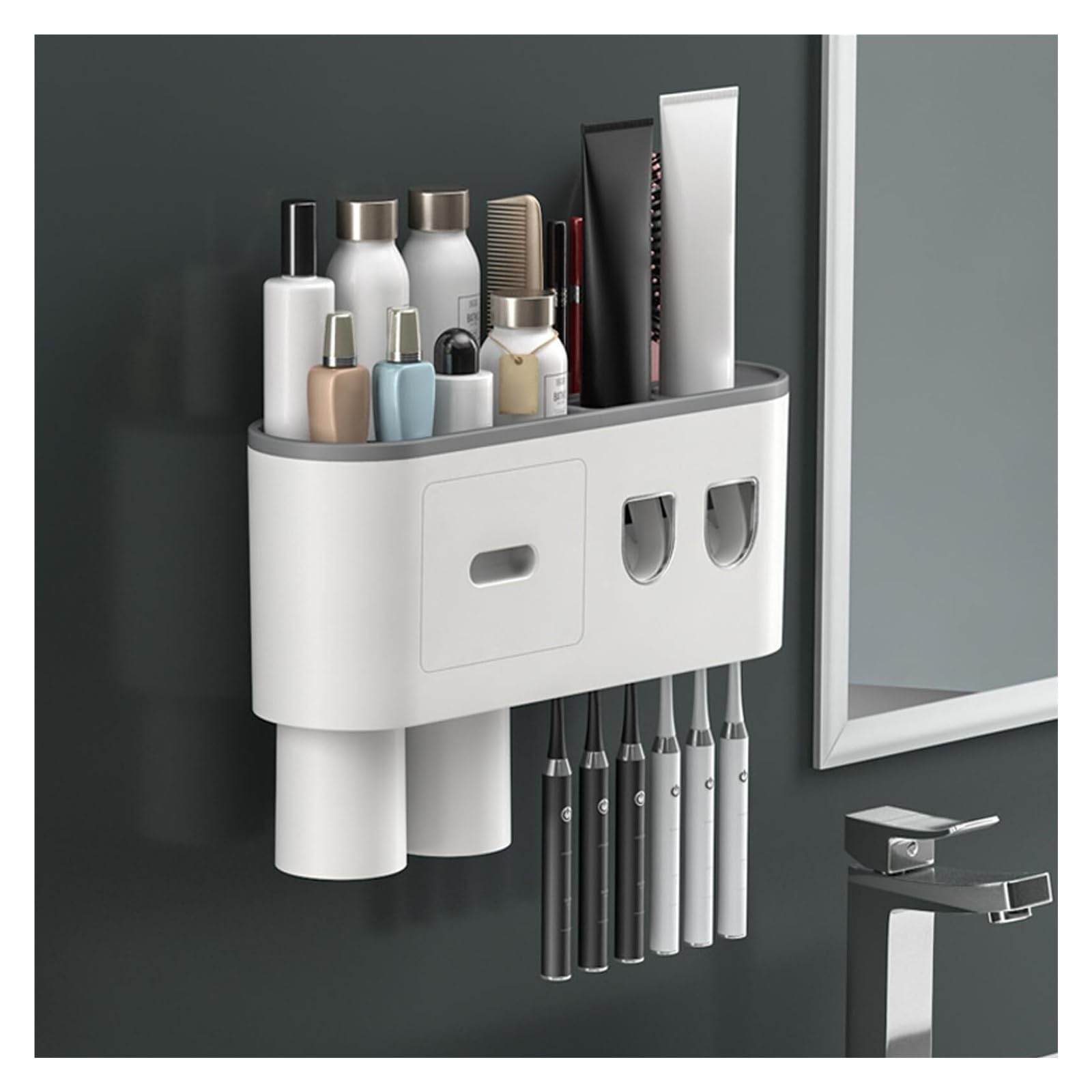 Portacepillos de Dientes Soporte de Pared for cepillos Dientes con dispensador automático Pasta, Organizador baño sin Taladro Vaso de Enjuague bucal Reutilizable(2 Cups)
