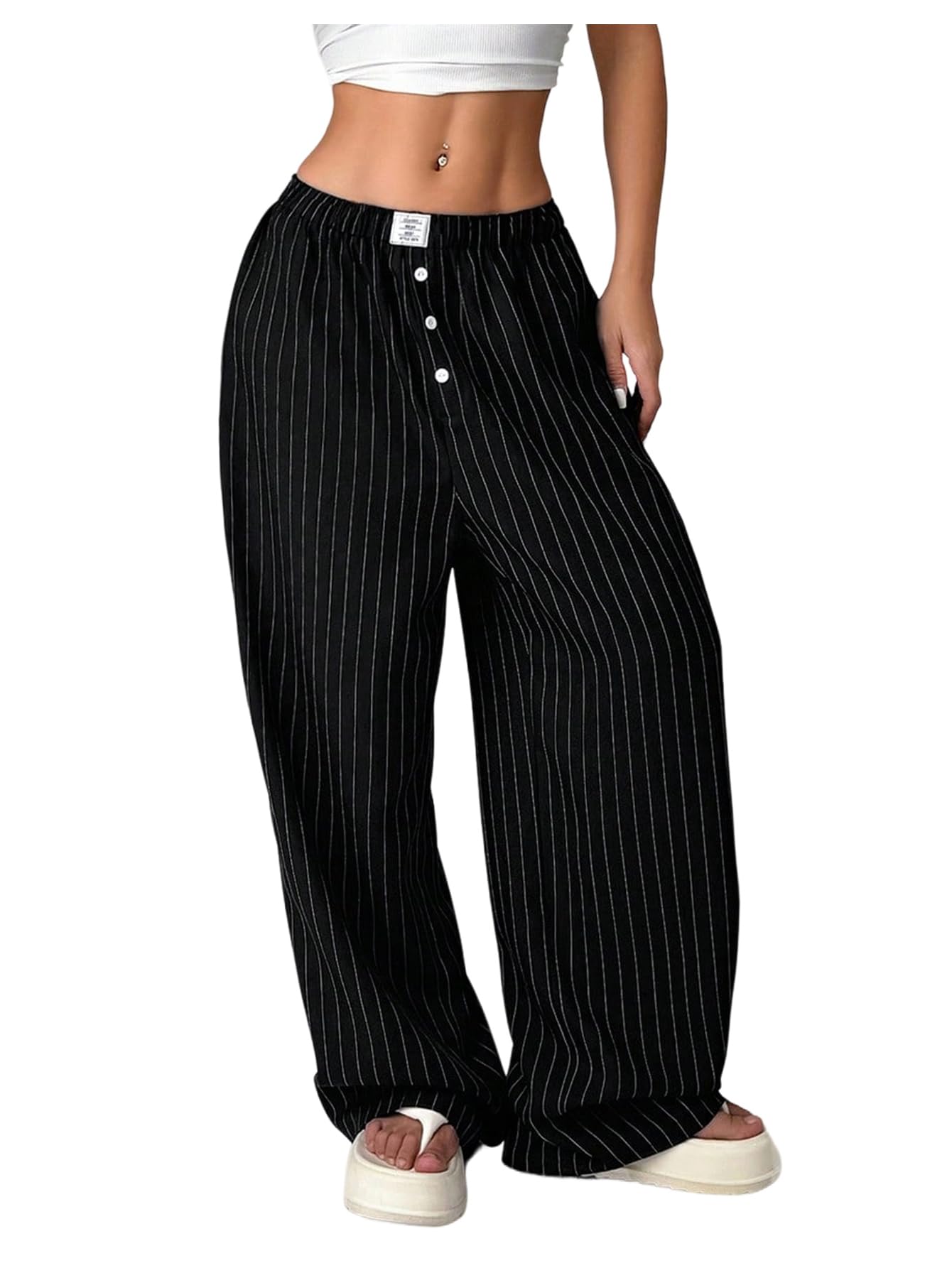 Floerns Womens Plus Size Striped Wide Leg Pants Button Elastic Waist Casual Trousers