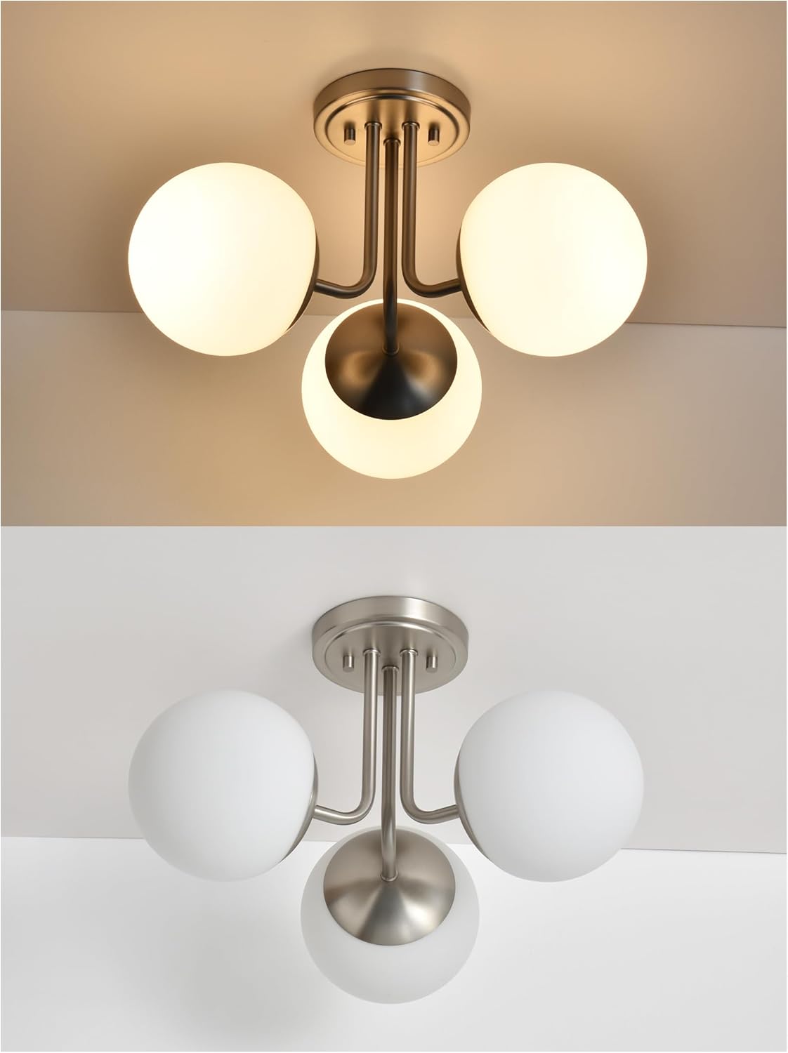 3 Light Semi Flush Mount Ceiling Light Fixture Brushed Nickel, Modern Globe Chandelier, Sputnik Farmhouse Lighting for Kitchen Bedroom Bathroom Living Room Corridor Laundry Room Bar …