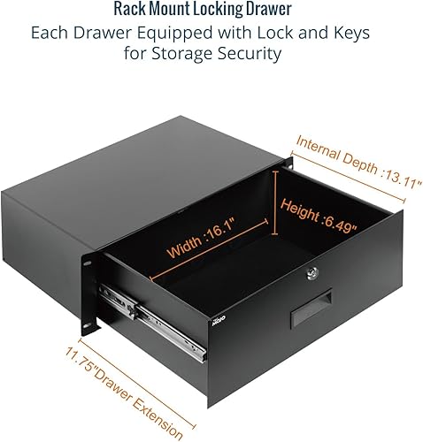 Miniatura 3 de TECMOJO Cajón de montaje en bastidor con bloqueo  22lb (10 kg) Cajón de almacenamiento de acero seguro con cerradura para equipo de red de 19
