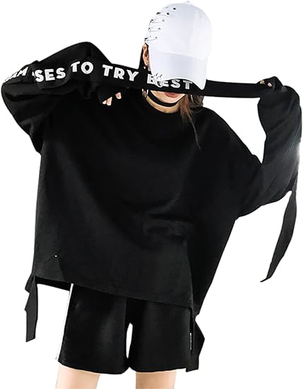 Amazon Ellies レデイース 原宿 リポン付き 無地 パーカー 韓国 ファッション カッコイイ ブラック トレーナー Freeサイズ トレーナー パーカー 通販