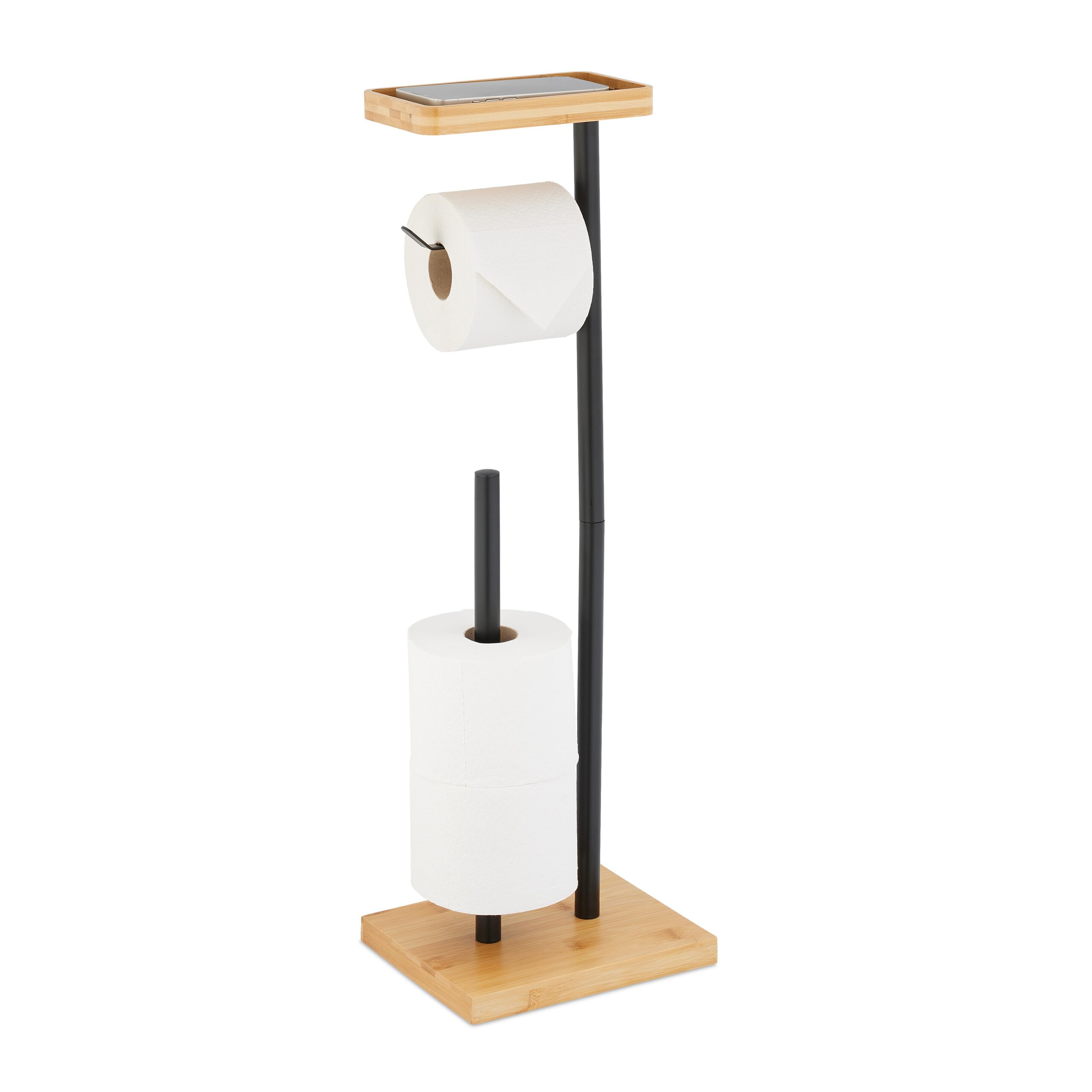 Relaxdays Toilet Paper Holder, for 3 Spare Rolls, with Shelf, Bamboo & Metal, 66.5x21x17 cm, Freestanding, Black/Natural