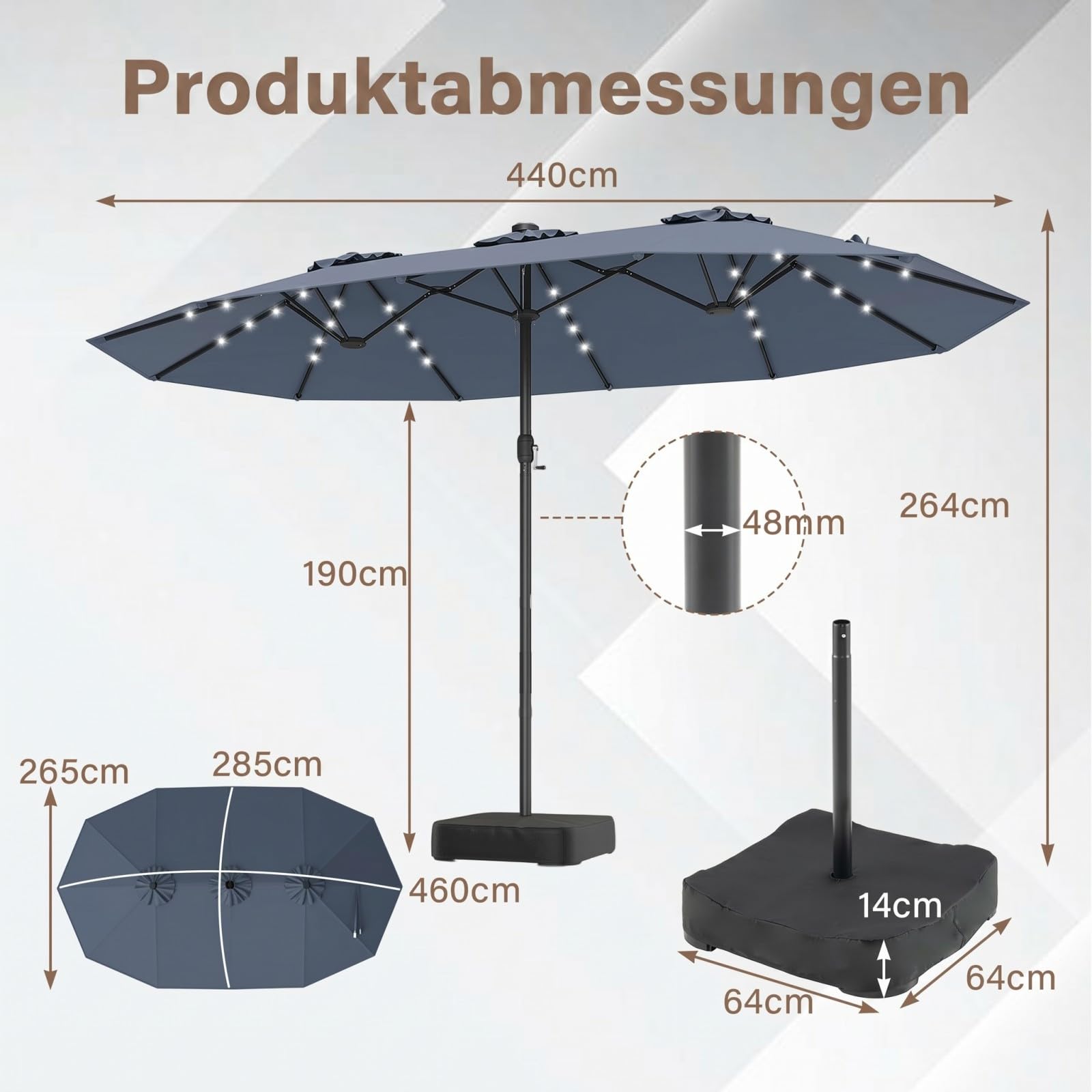 COSTWAY Doppelsonnenschirm mit Ständer und LED-Solar-Beleuchtung, 450 x 260 cm, Sonnenschirm Groß XXL, UPF 50+, Gartenschirm mit Kurbel, Terrassenschirm, Marktschirm für Garten, Terrasse, Grau