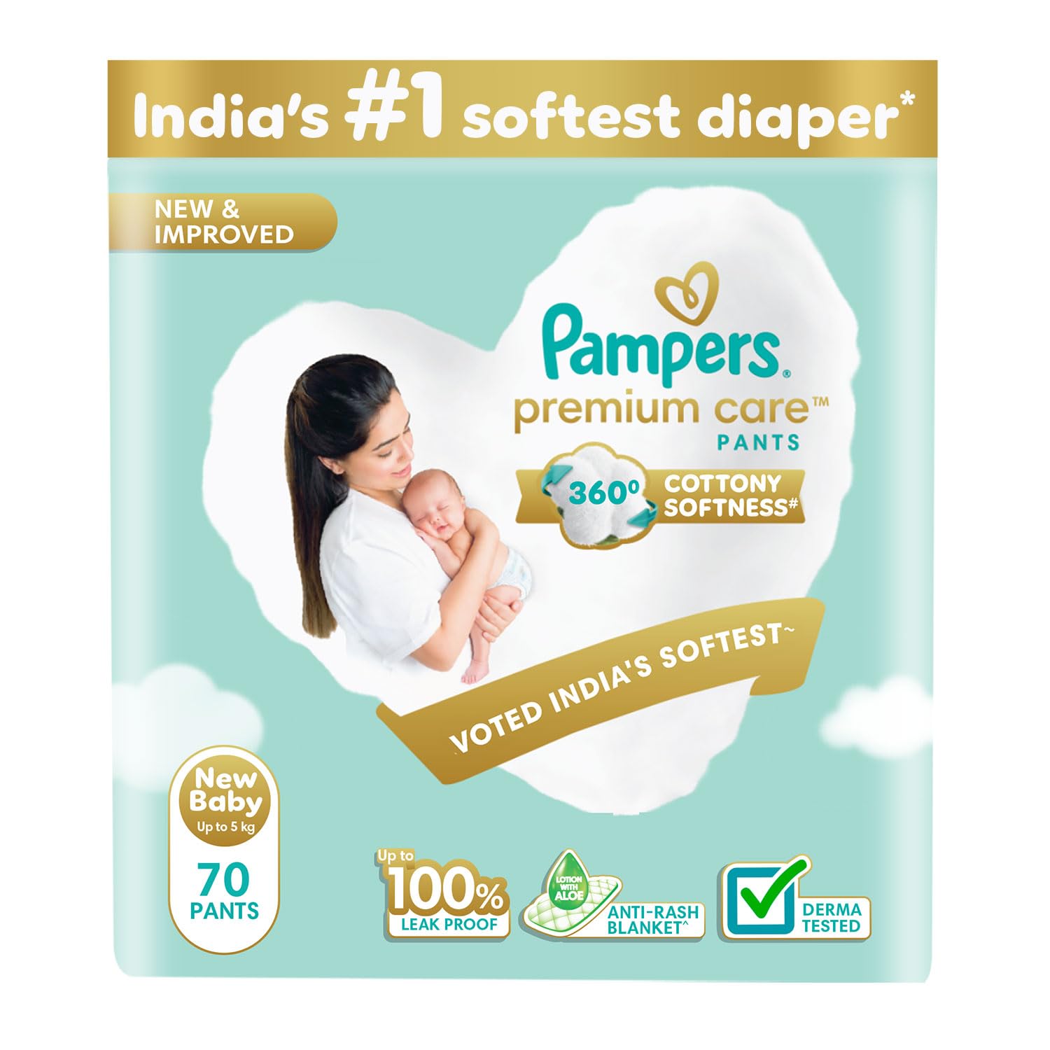 Pampers Premium Care Pant Style Baby Diapers, Newborn/X-Small (NB/XS), 70 Count, 4-6kg, All-in-1 with 360 Cottony Softness Diapers