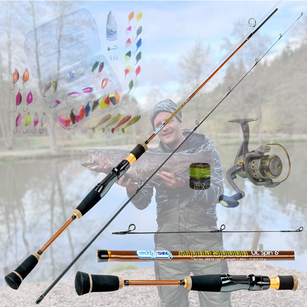 Ultralight UL Angelset sofort einsatzbereit ! UL-Carbonrute 1,80m + Angelrolle Expert1000 fertig mit Schnur + Köderset mit Spoon I Gummifisch I Softlures I Aromastoff