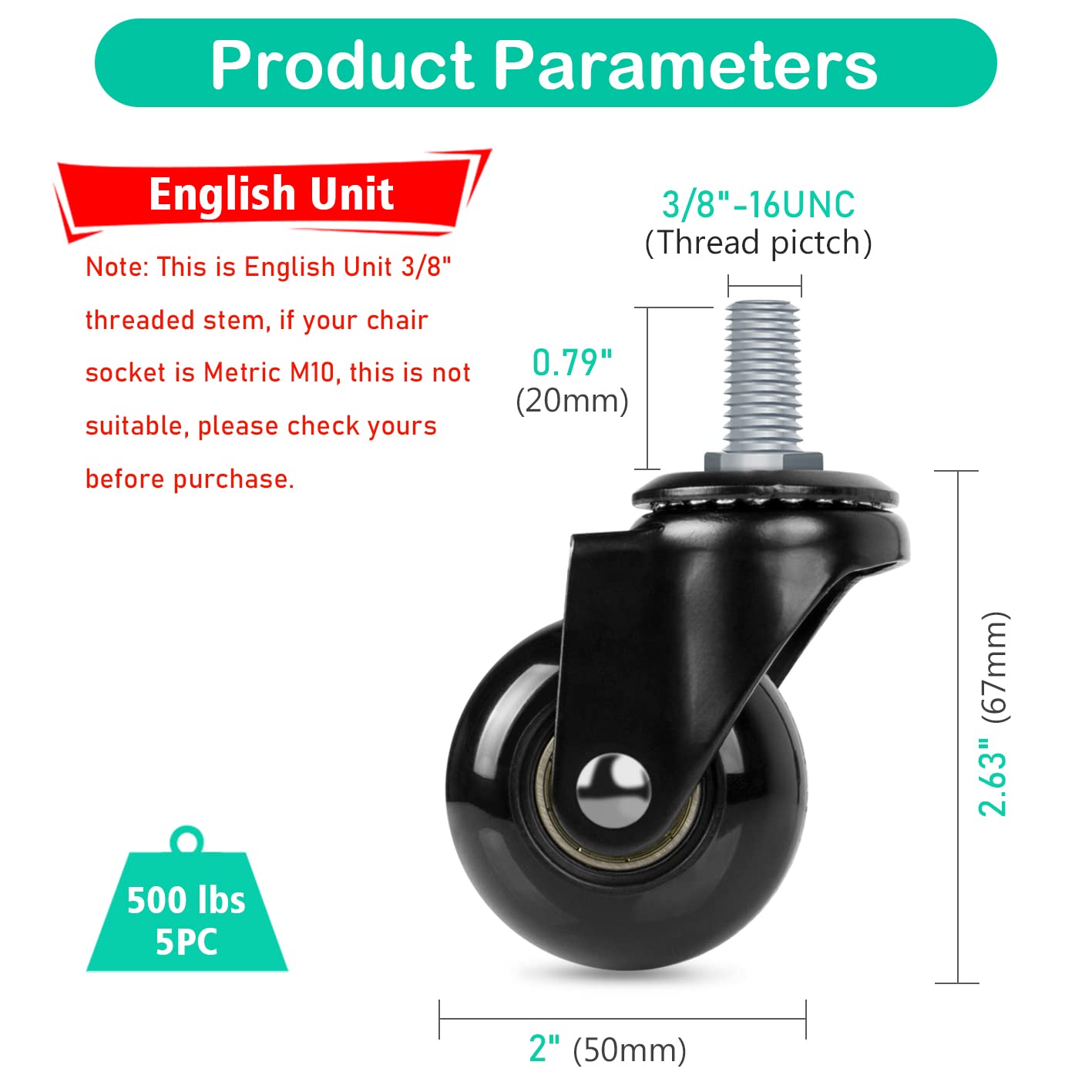 Amazon | Hirate オフィスチェア用キャスター 5個パック 3/8インチ