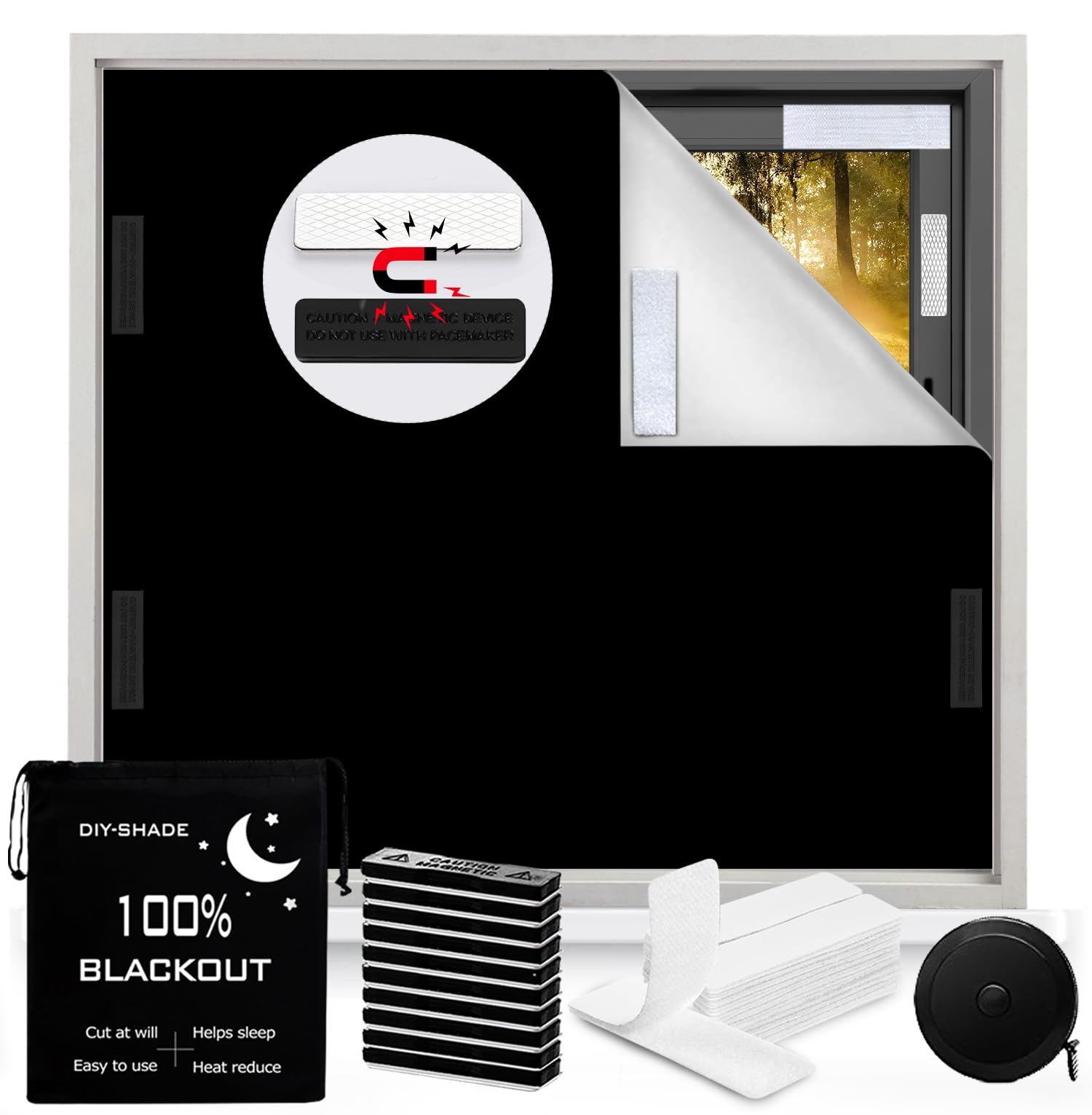 100% Blackout Blind Magnetic Window Cover 118 x 57Inch,No Drill,Cut Any Size/Shape,Portable Black Out Shades Curtains for Nursery Bedroom,Rv,Media Room with Magnetic Closure