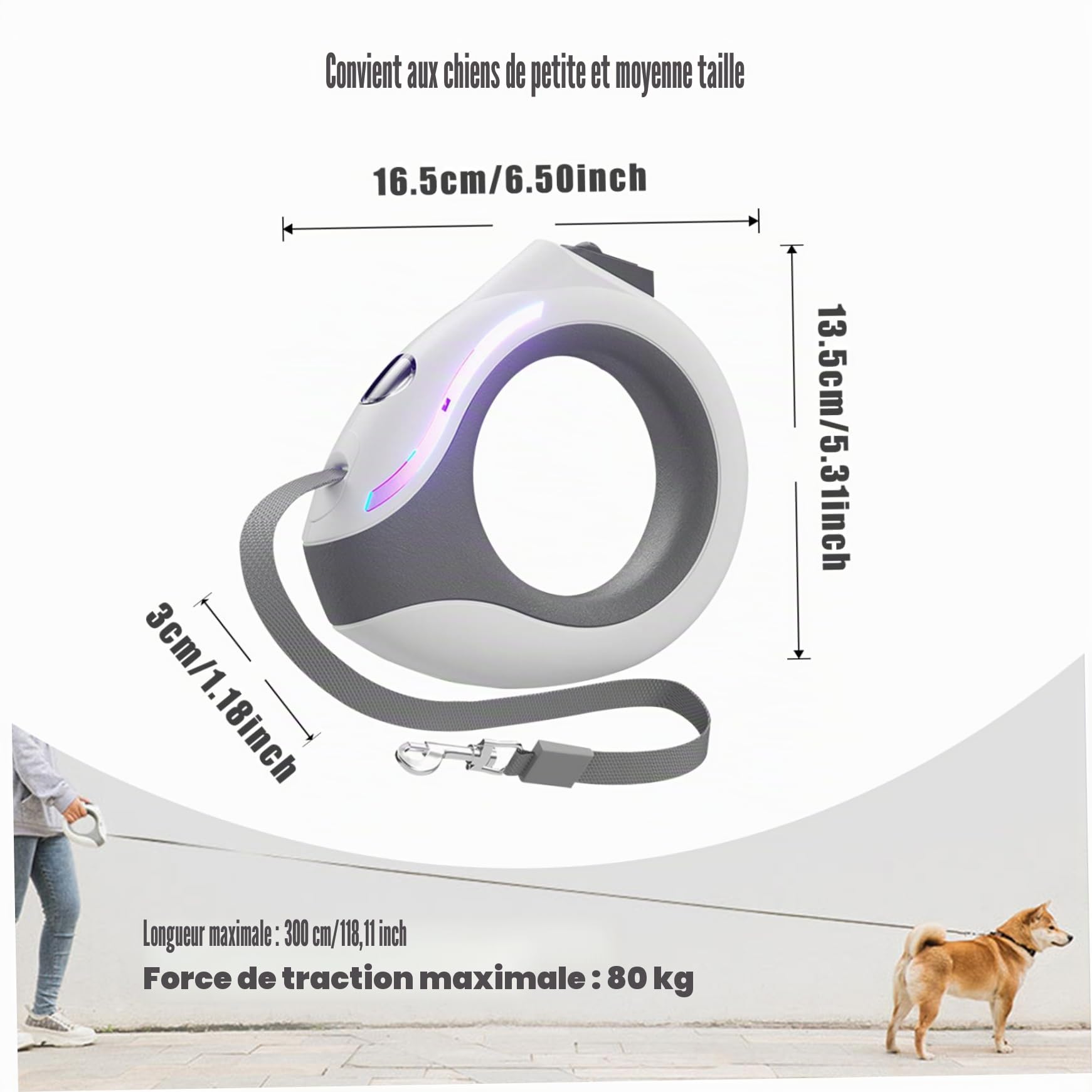 Laisse rétractable mains libres pour chien avec lampe de poche – Poignée ronde de 299,7 cm, verrouillage, lumière respirante