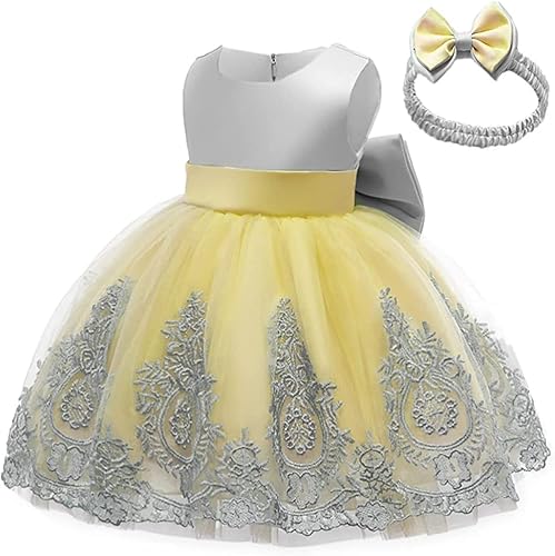 Miniatura 2 de HOIZOSG Vestido de encaje bordado con lazo para bebé, para cumpleaños, boda, fiesta formal, tutú con gorro