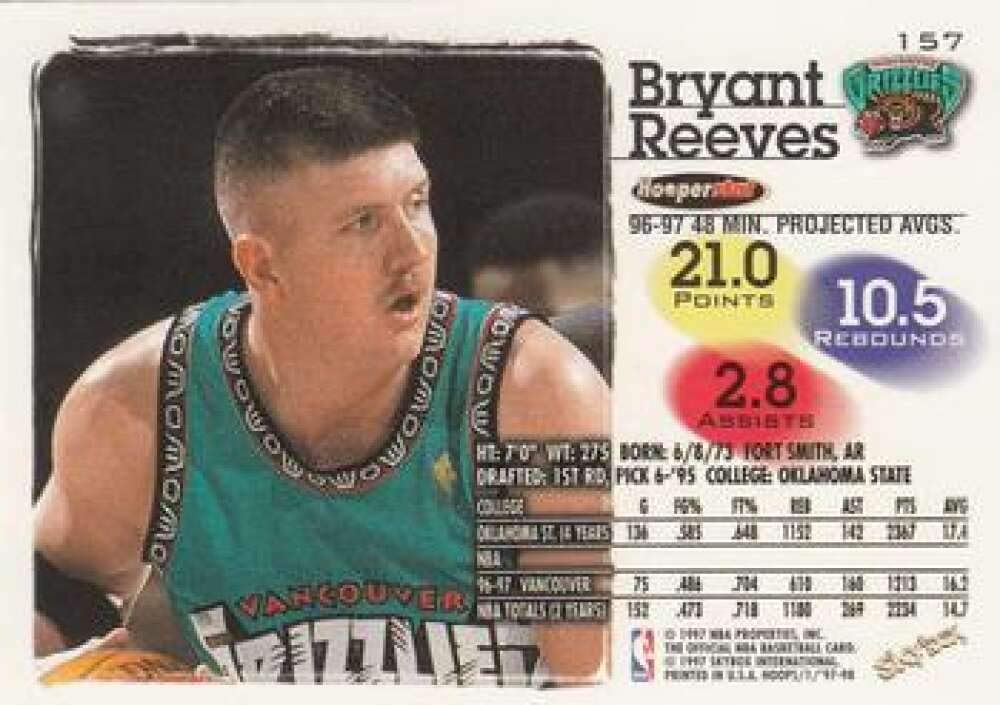 Amazon.com: 1997-98 NBA Hoops Series 1#157 Bryant Reeves Vancouver
